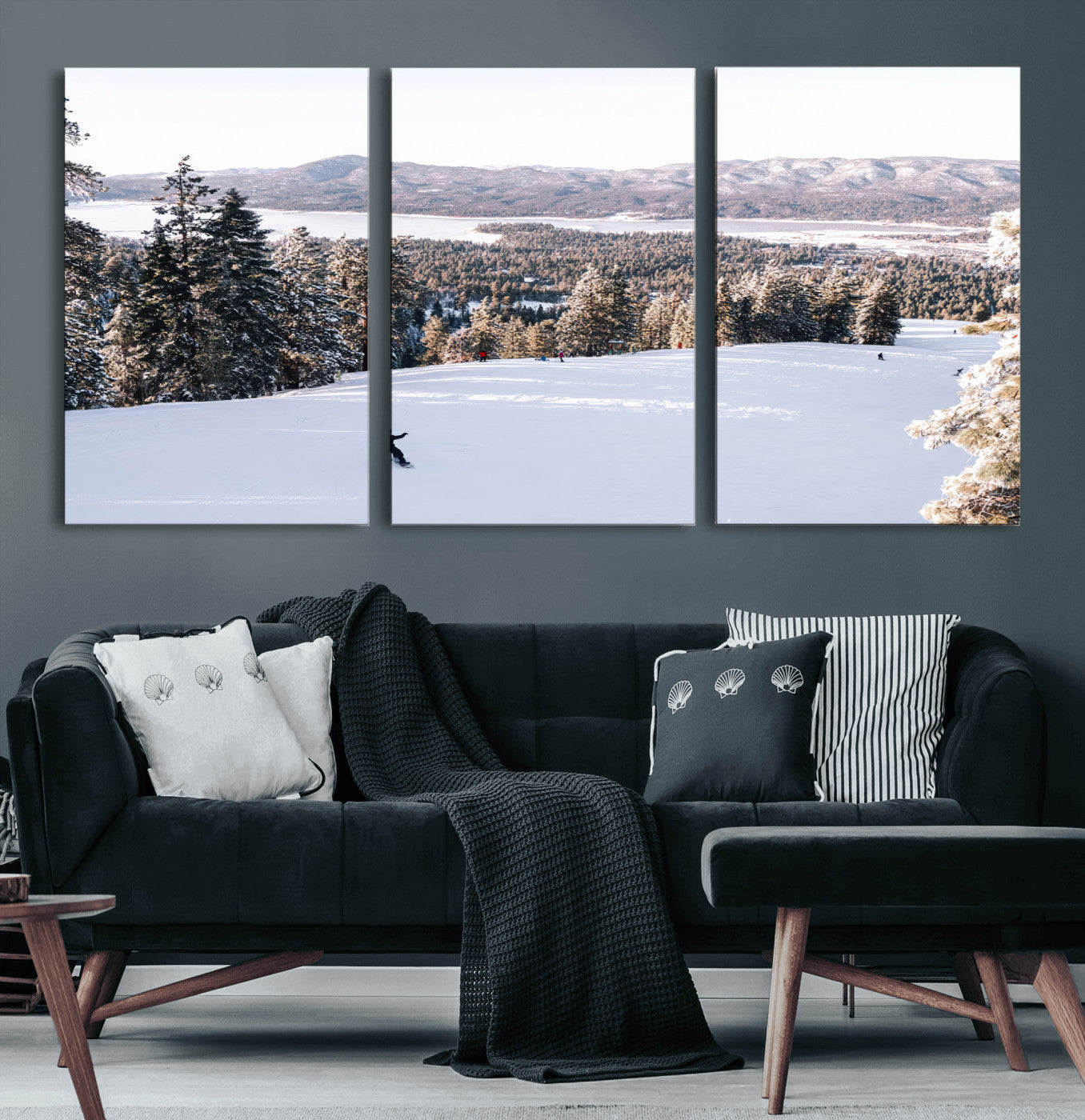 Canvas of a snowy mountain ski slope with pine trees and bright winter light, ideal for modern rustic or alpine-inspired home decor.