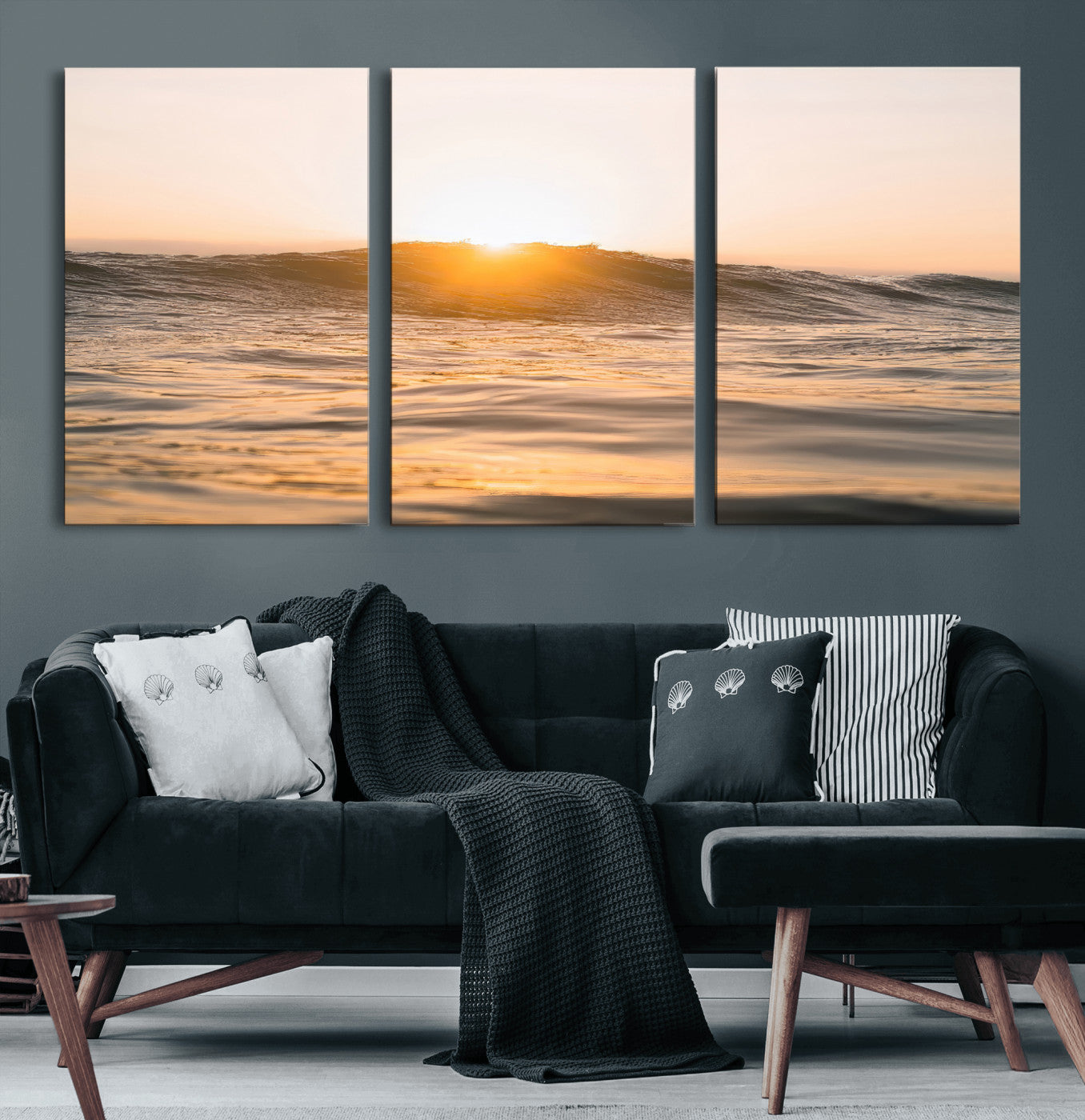 Ocean waves glowing under a warm golden sunset, reflecting soft light and calm movement, perfect for warm minimalist coastal interiors.