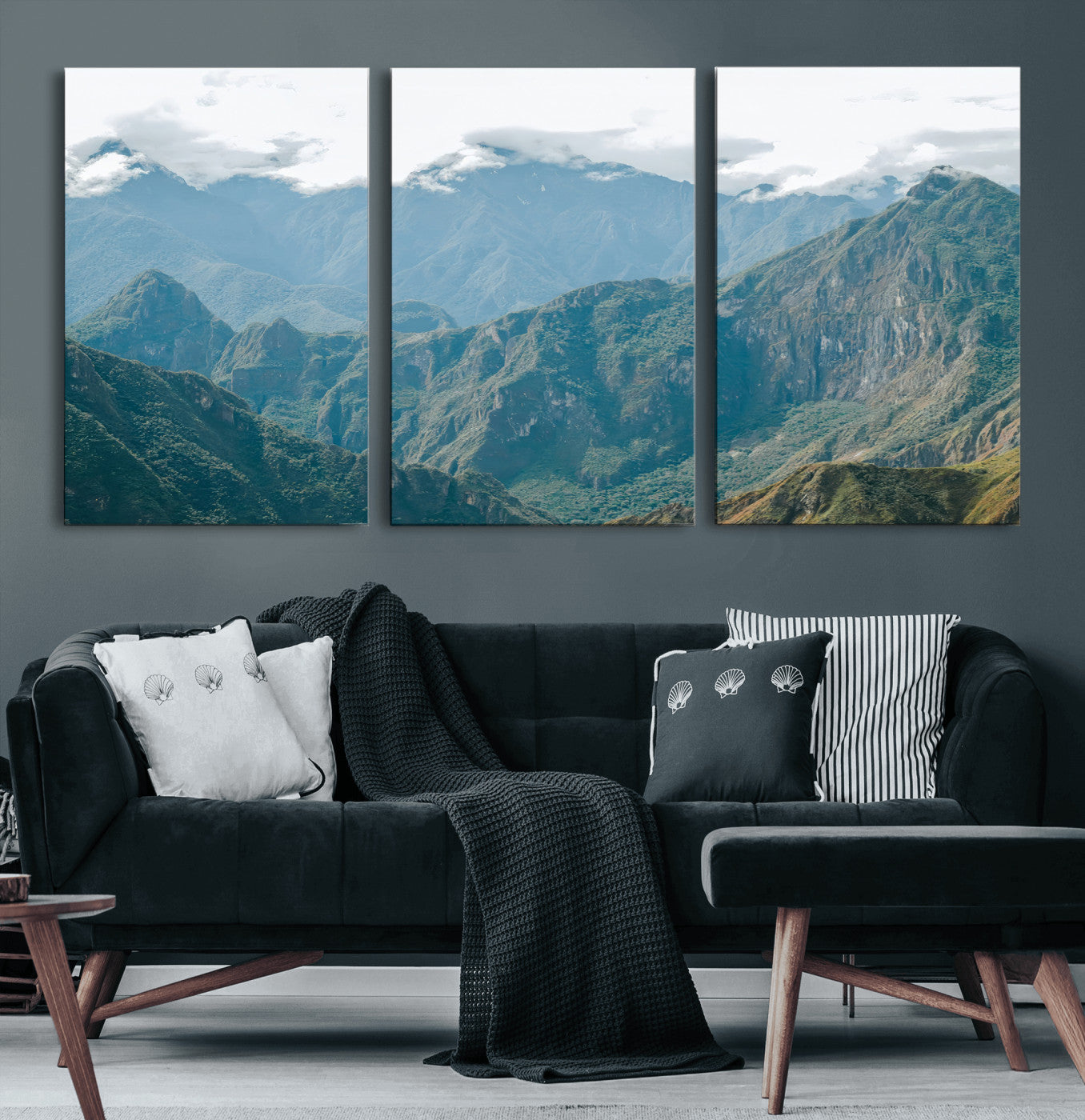 A misty mountain landscape with cloud-covered Andean peaks and lush green valleys, creating a dramatic and serene view, perfect for rustic or nature-inspired home decor.