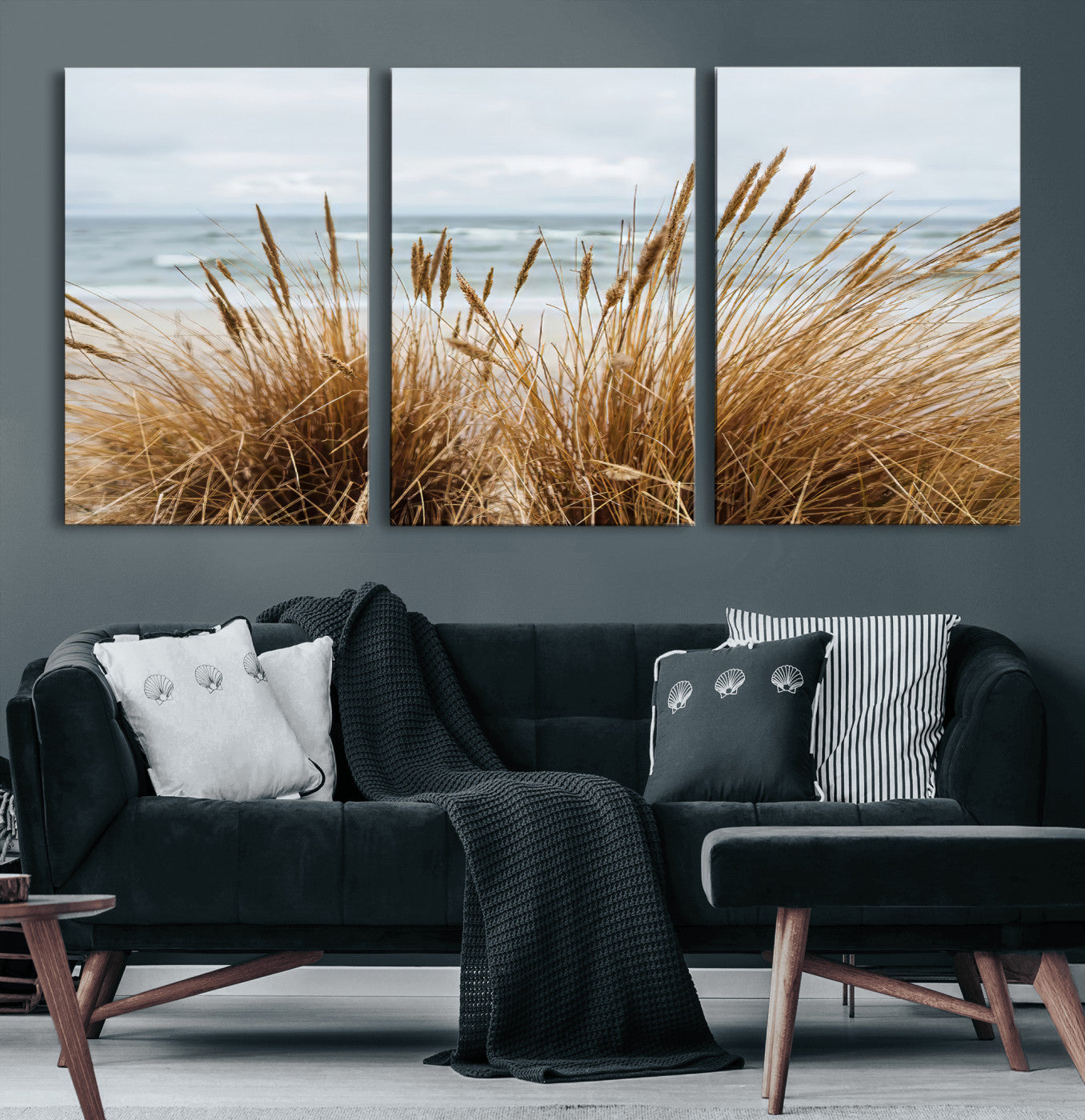 Canvas of golden beach grass swaying by the ocean under a soft cloudy sky, perfect for neutral-toned or coastal minimalist decor.