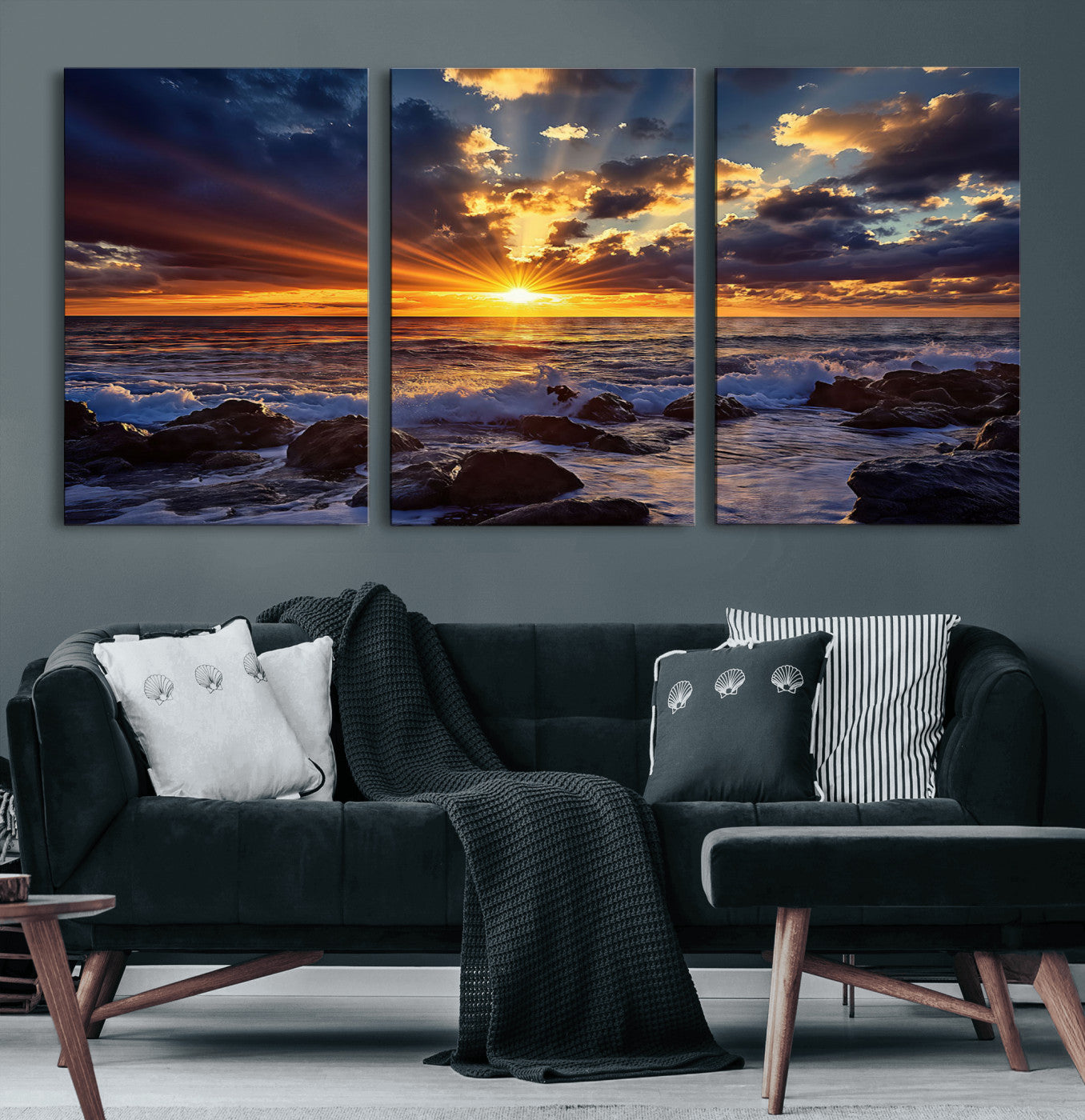 An explosive sunset over the ocean with dramatic clouds and rays of sunlight reflecting off the water, creating a vibrant and captivating view.