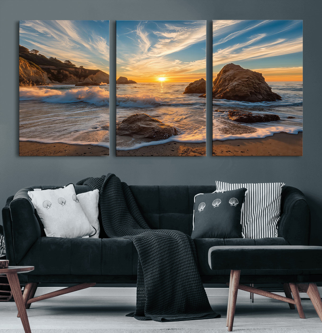 Rocky Ocean Sunset Wall Art Print, Seaside Canvas Wall Art, Dramatic Seascape Canvas Print for Coastal Modern Decor, Ocean Sunset Art Printing
