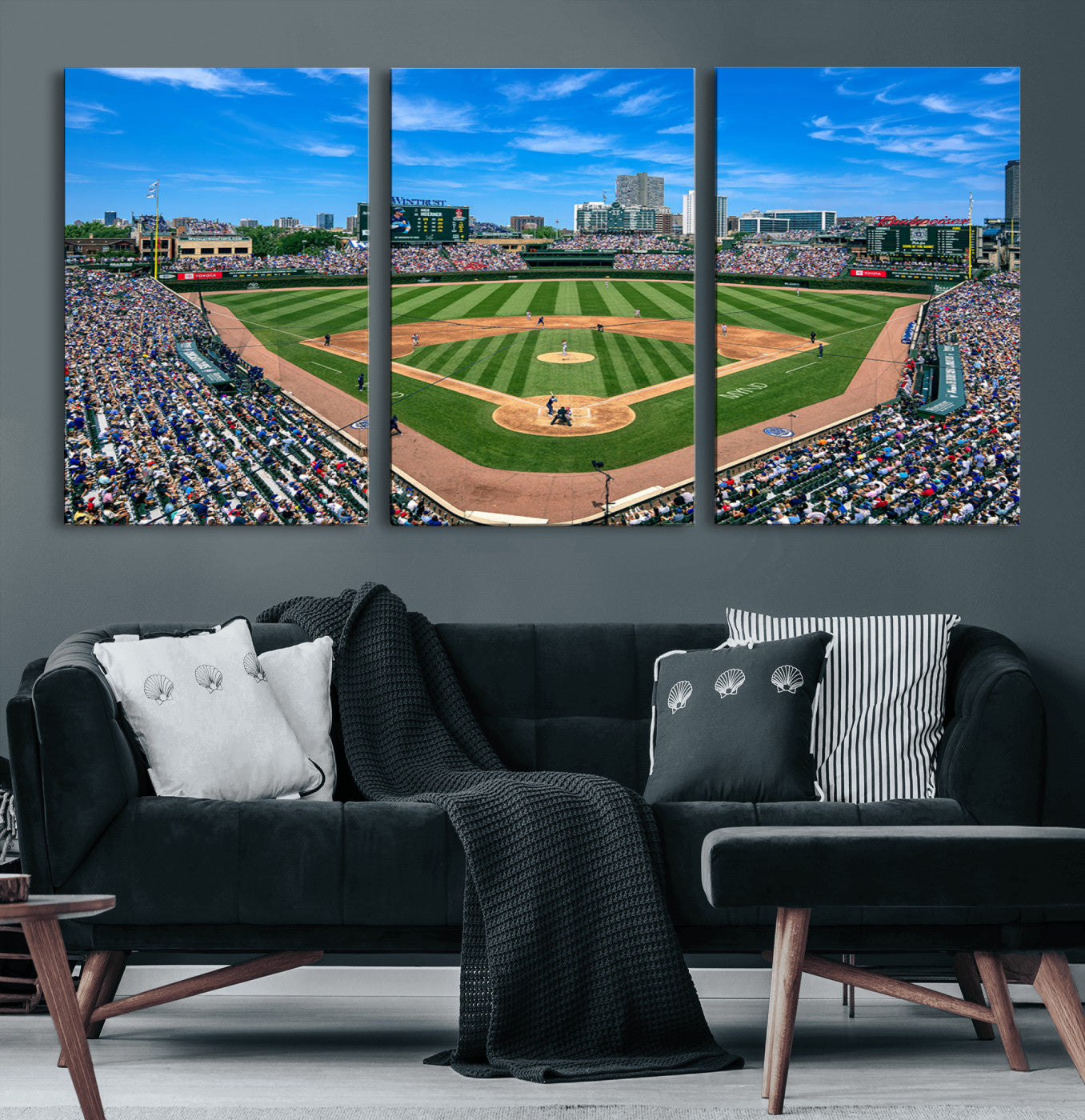 Wrigley Field Baseball Stadium Canvas Wall Art, Packed Crowd Sports Stadium Print, City Skyline Baseball Field Canvas for Game Room Decor