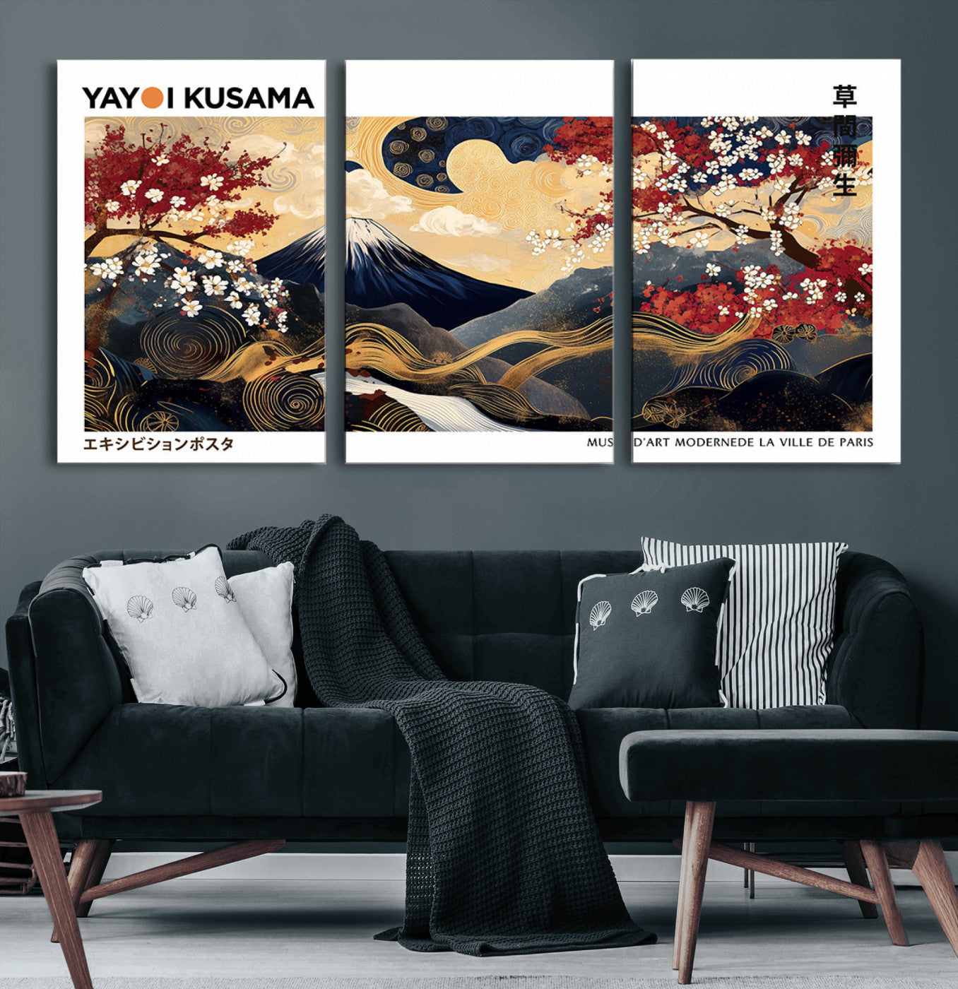 An artwork by Yayoi Kusama featuring Mount Fuji, blooming cherry blossoms, and swirling patterns in a harmonious blend of nature and art.