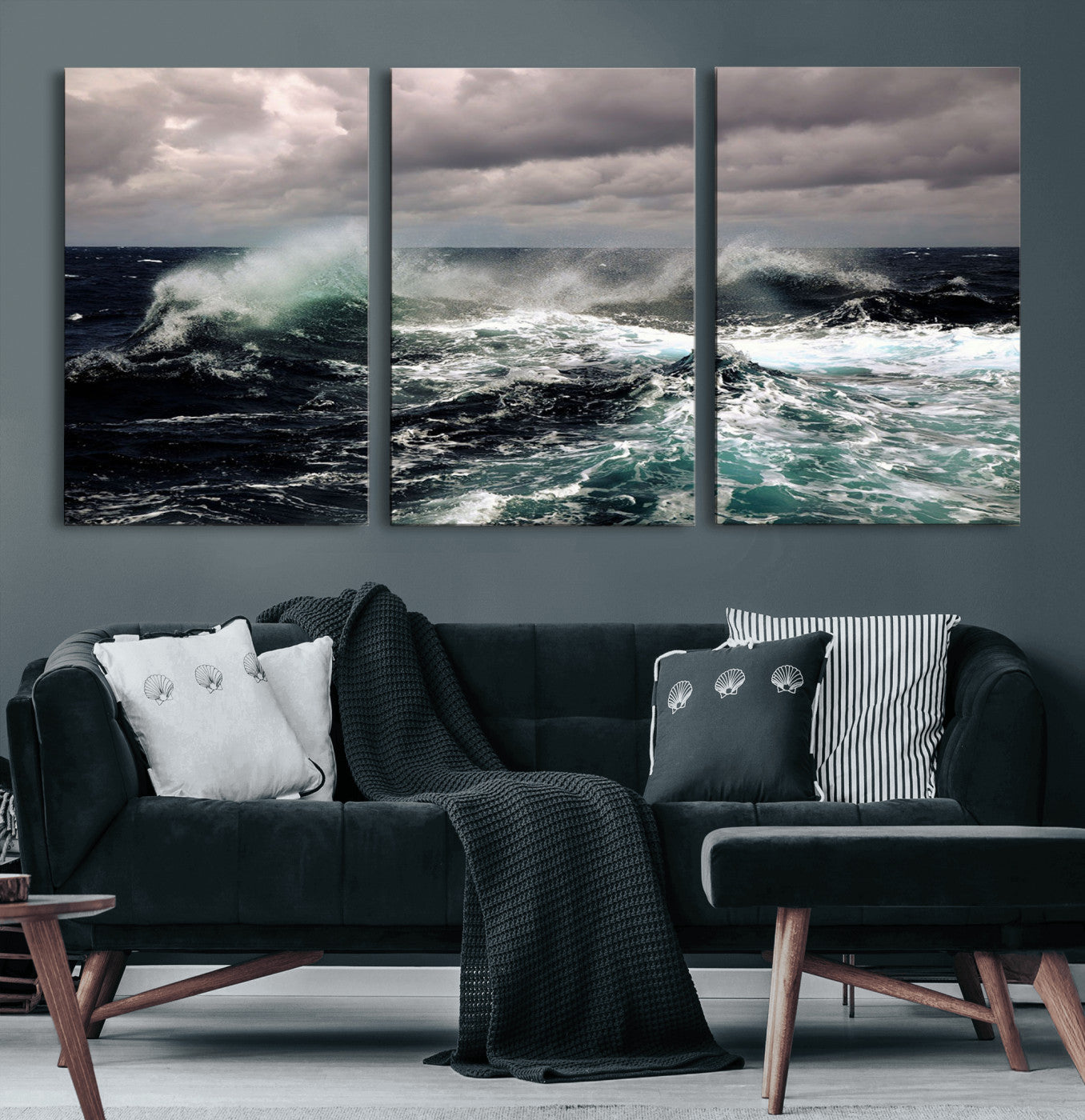 Powerful ocean waves crashing under stormy skies, creating a dynamic and intense seascape.