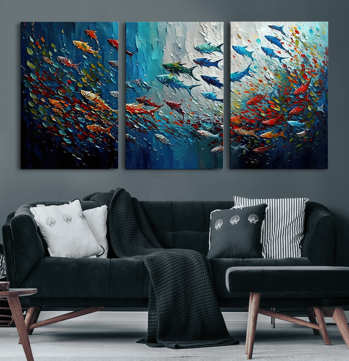 Colorful painting of fish swimming in abstract ocean swirls, perfect for vibrant marine-themed or expressive coastal home decor.