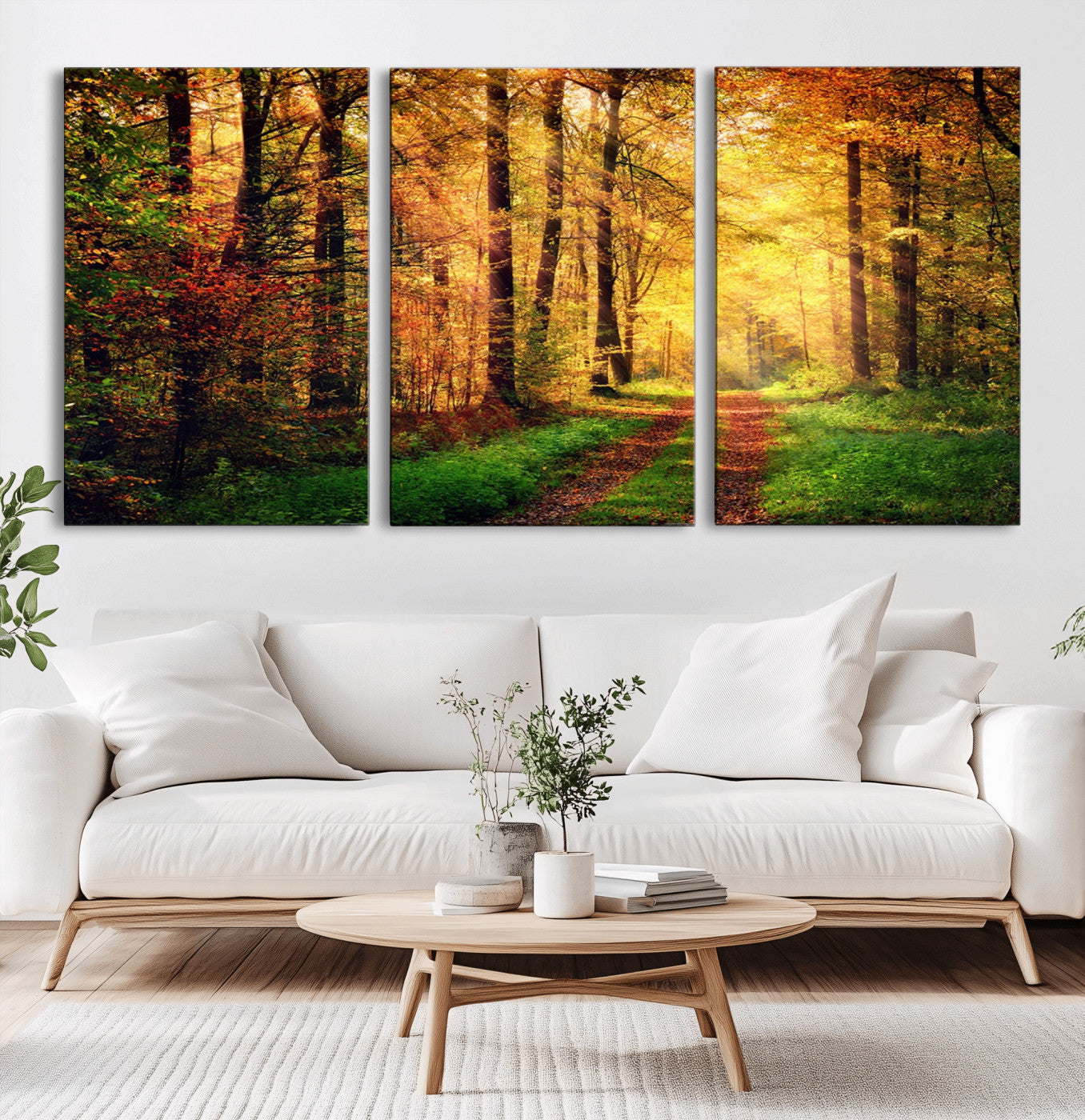 73494-MGV-CV-36X24-Golden Autumn Forest Path Wall Art – Sunlit Woodland Canvas Print, Fall Nature Landscape Home Decor