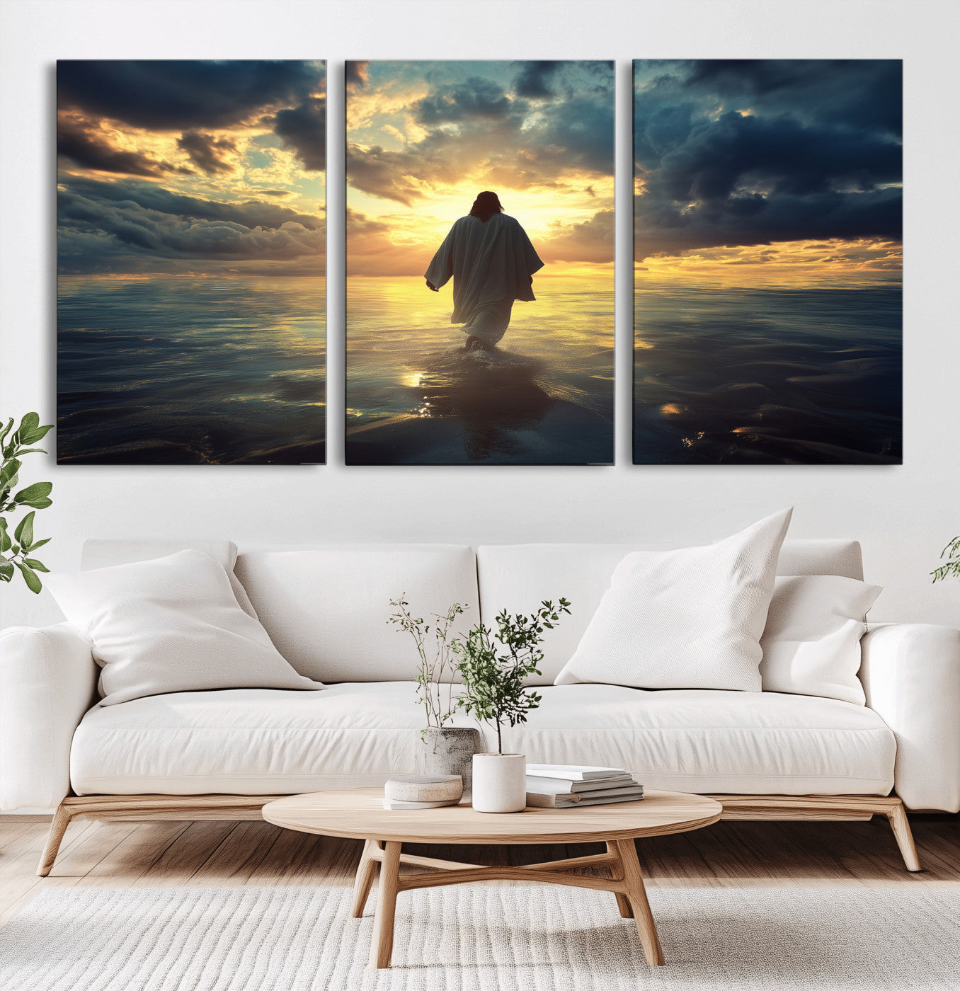 Spiritual artwork of Jesus walking on water at golden hour with divine light, ideal for Christian home decor or prayer room.
