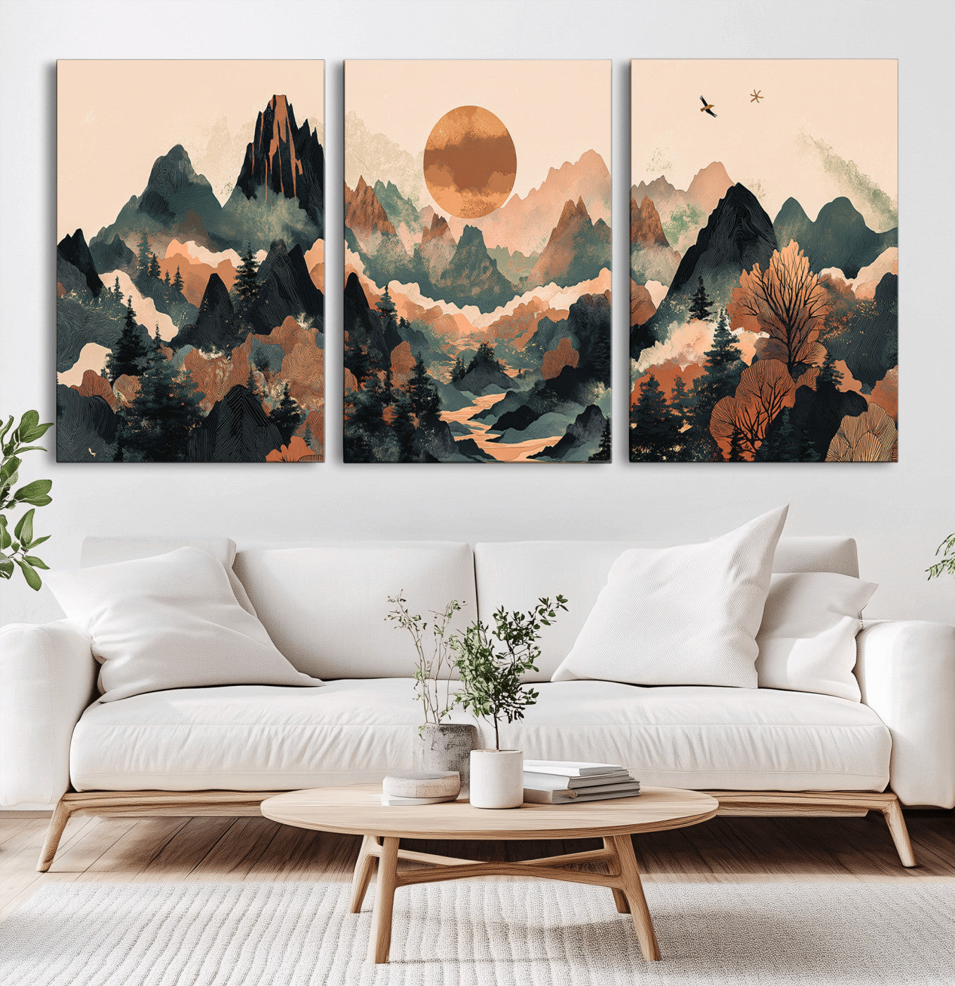Mountain Landscape Wall Art Print - Sunset Hills Canvas Print, featuring an abstract nature scene with earthy tones and misty peaks, perfect for boho and modern decor.