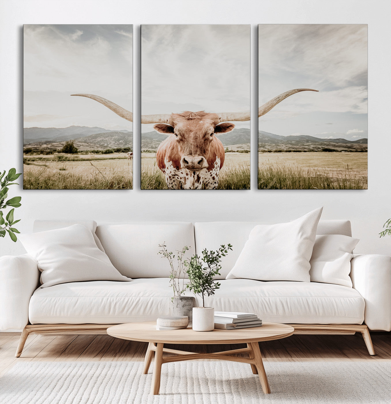 Longhorn Wall Art Print - Western Cow Canvas Print, featuring a majestic Texas longhorn in a rustic prairie setting, perfect for farmhouse and western decor.