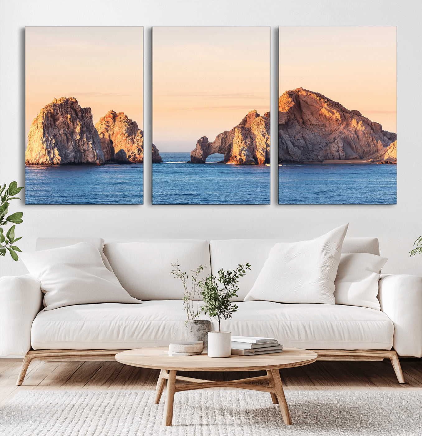 Framed canvas of El Arco rock formation in Cabo San Lucas at golden hour, ideal for coastal landmark or ocean-inspired decor.