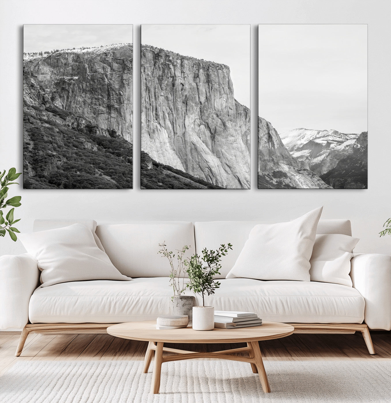 Monochrome canvas of El Capitan’s granite wall in Yosemite with snowy peaks, ideal for dramatic mountain or black-and-white nature decor.