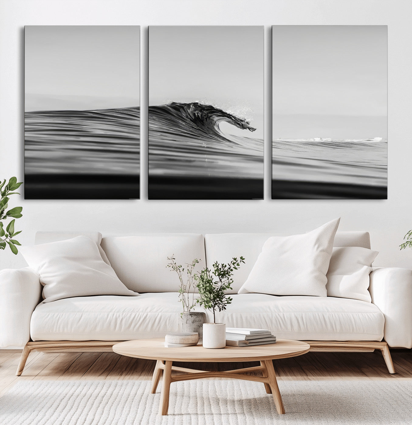 Striking black and white photo of a curling wave, ideal for modern coastal or minimalist wall decor settings.