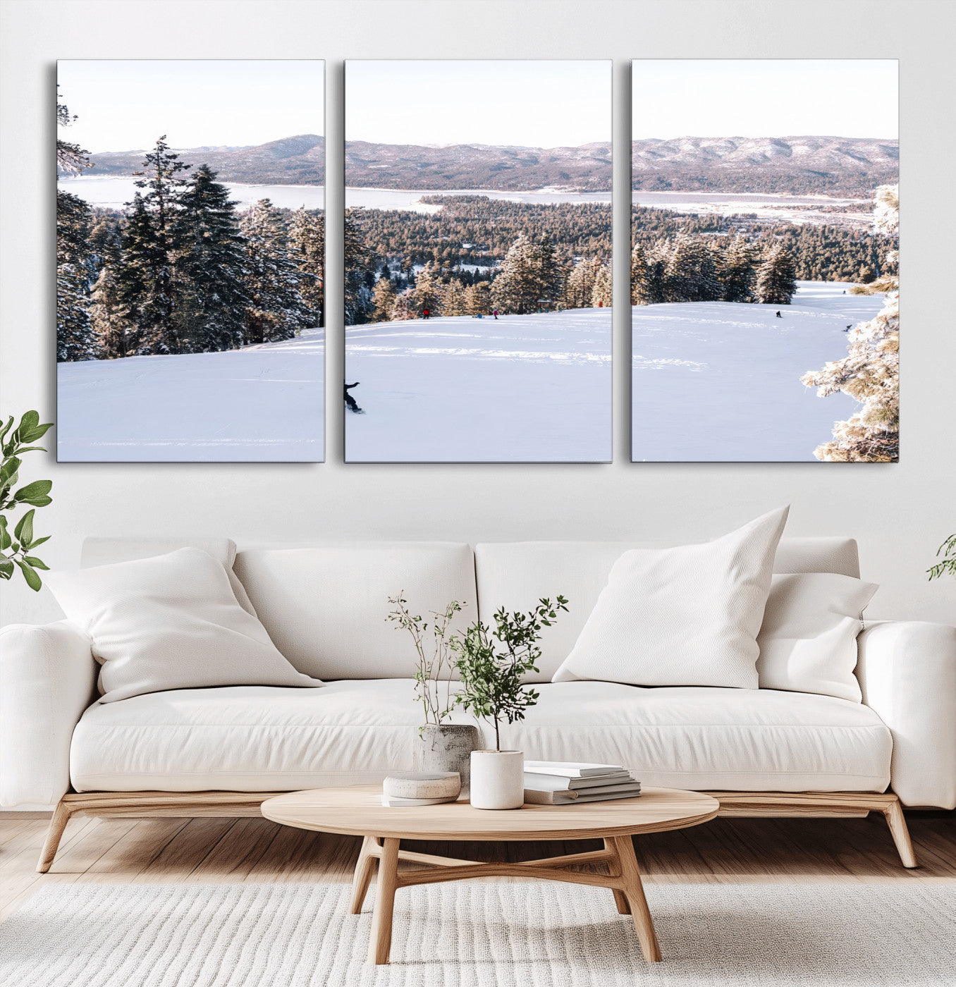 Canvas of a snowy mountain ski slope with pine trees and bright winter light, ideal for modern rustic or alpine-inspired home decor.