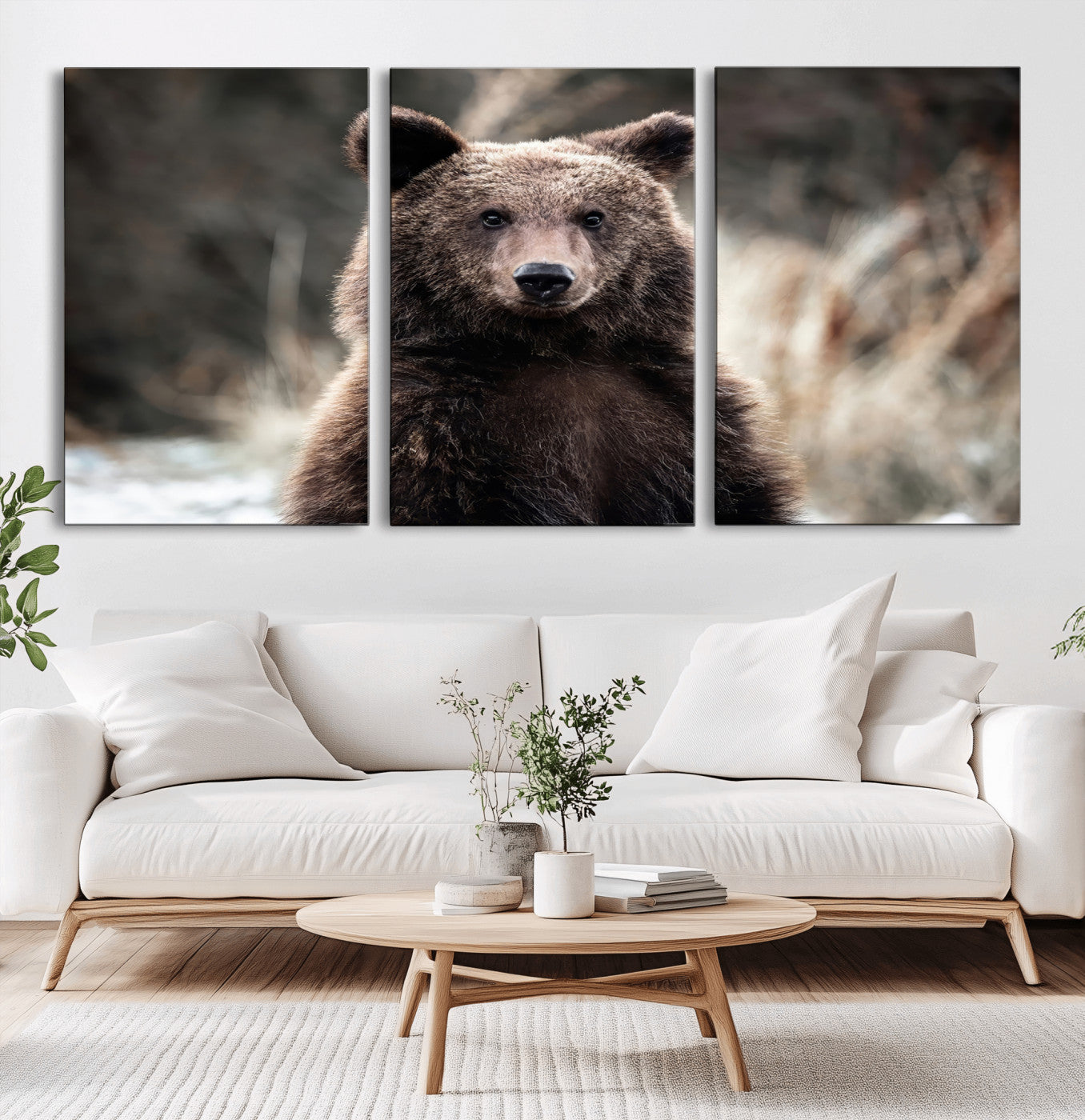 Canvas of a brown bear in soft earthy tones and moody forest light, ideal for rustic cabin or woodland nature-themed home decor.