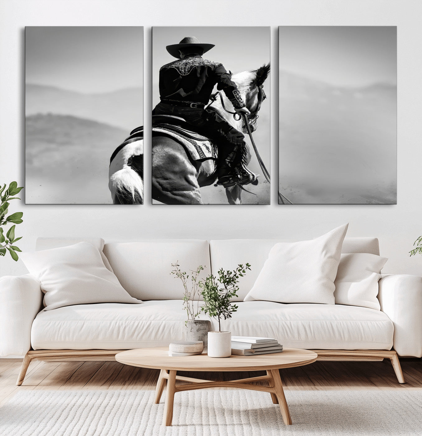 Black and white canvas of a cowboy on horseback with moody tones, perfect for rustic western or country-inspired home decor.