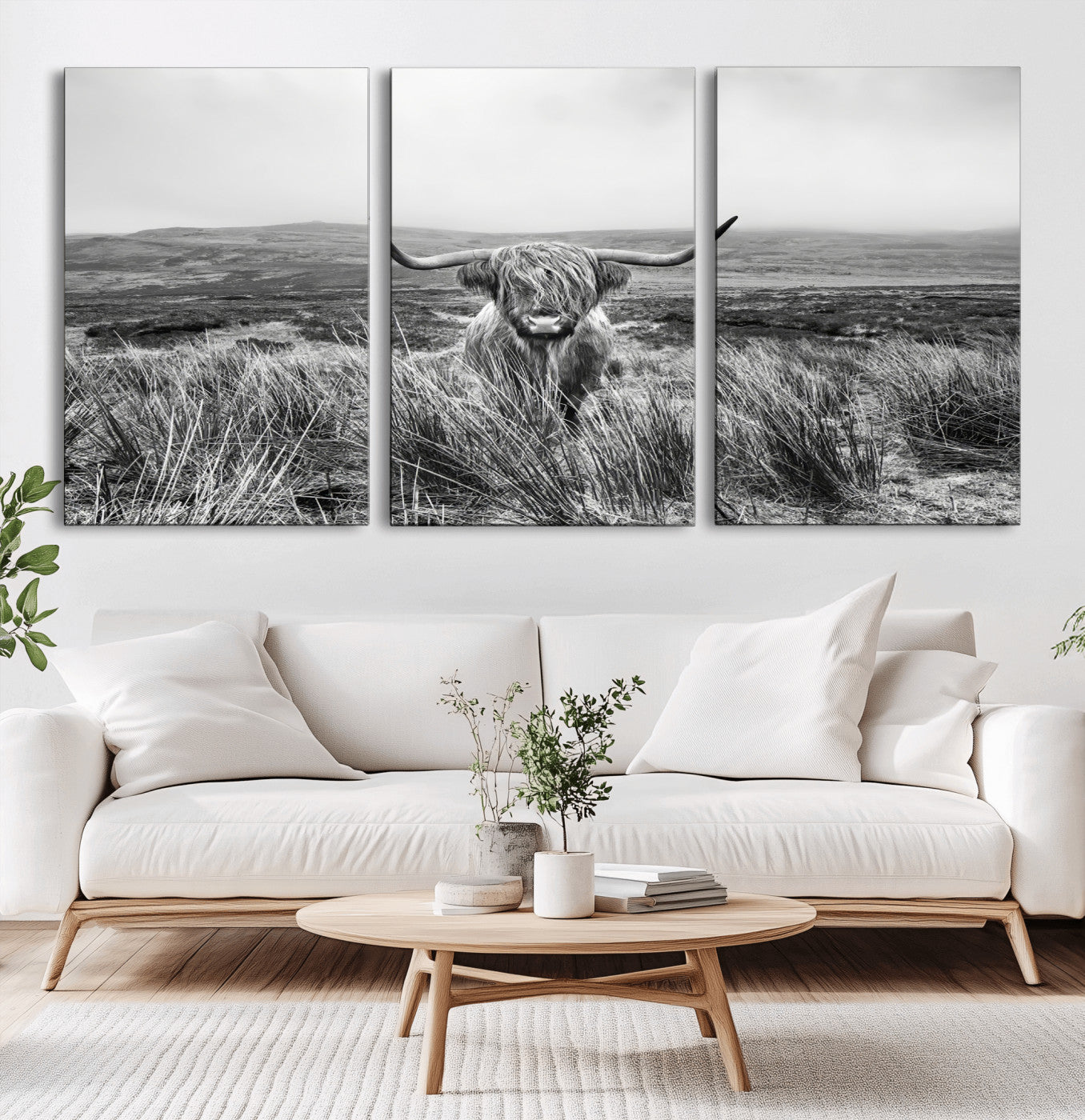A black and white portrait of a Highland cow in a foggy Scottish countryside, capturing a rustic aesthetic and tranquil farm escape.