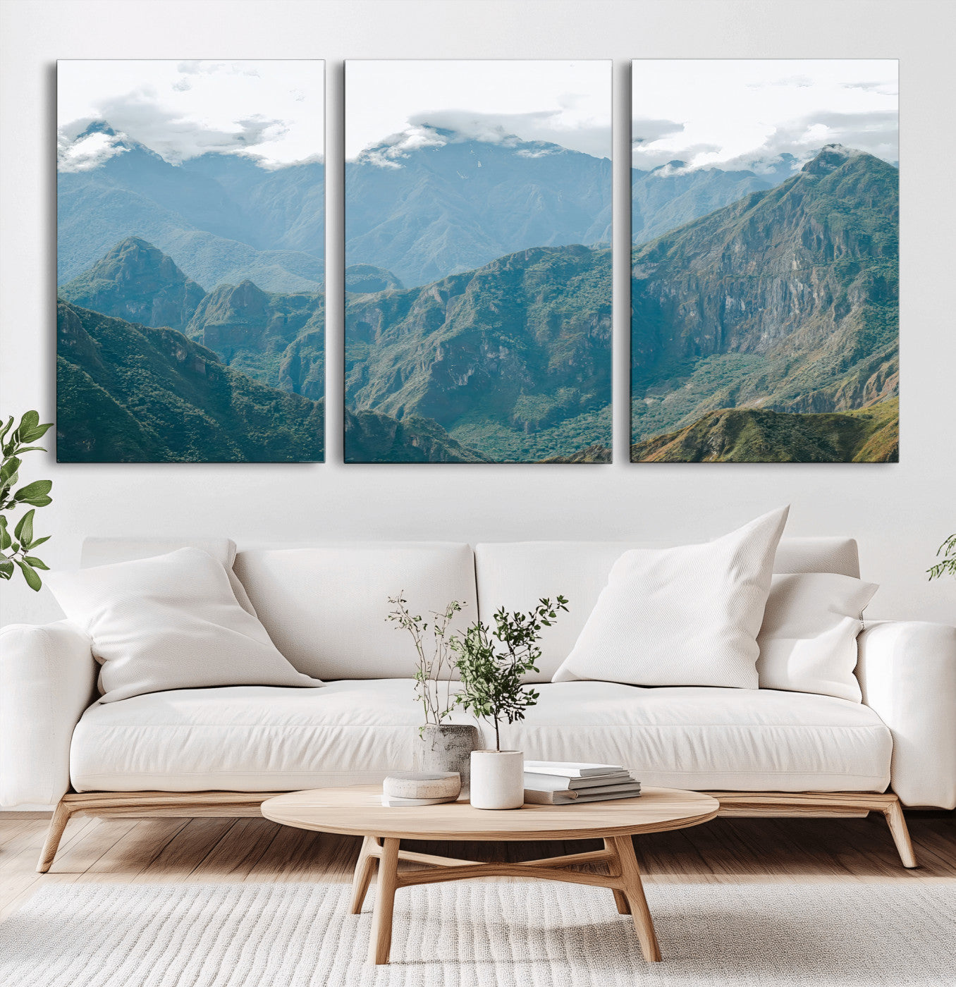 A misty mountain landscape with cloud-covered Andean peaks and lush green valleys, creating a dramatic and serene view, perfect for rustic or nature-inspired home decor.