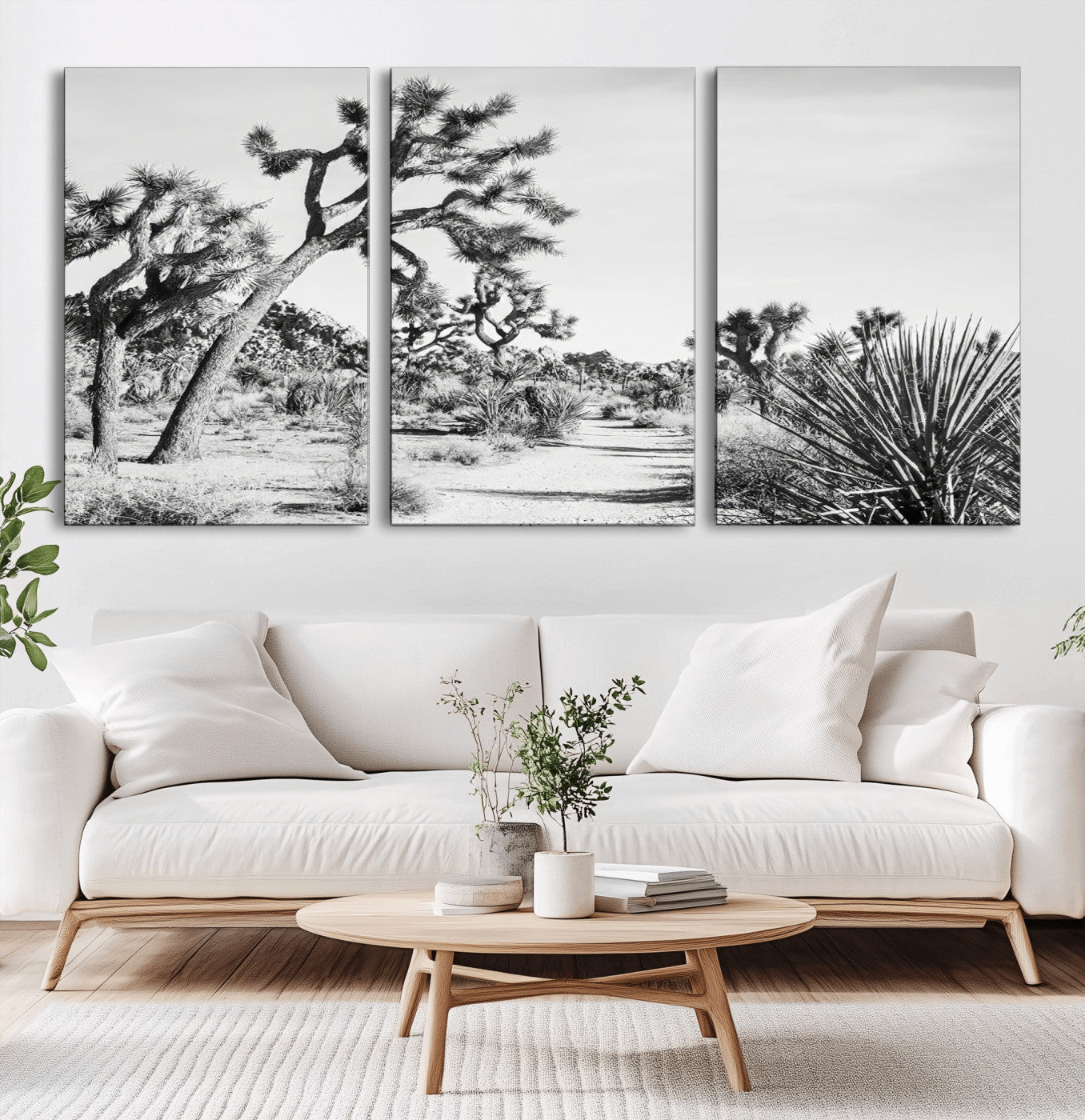 Canvas of a Joshua Tree forest in black and white tones, featuring a desert path and spiky vegetation, ideal for minimalist or rustic decor.
