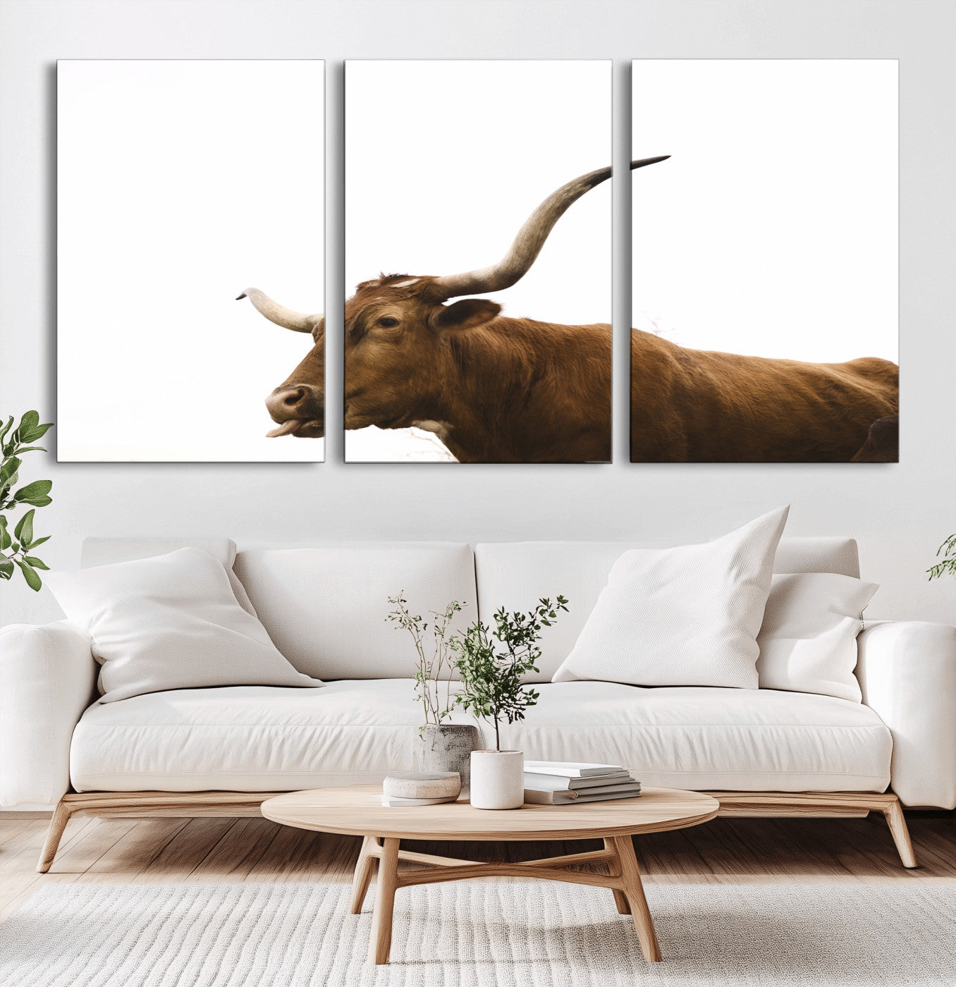Minimal photo of a longhorn cow with white background, ideal for rustic, western or farmhouse-style interior decor.
