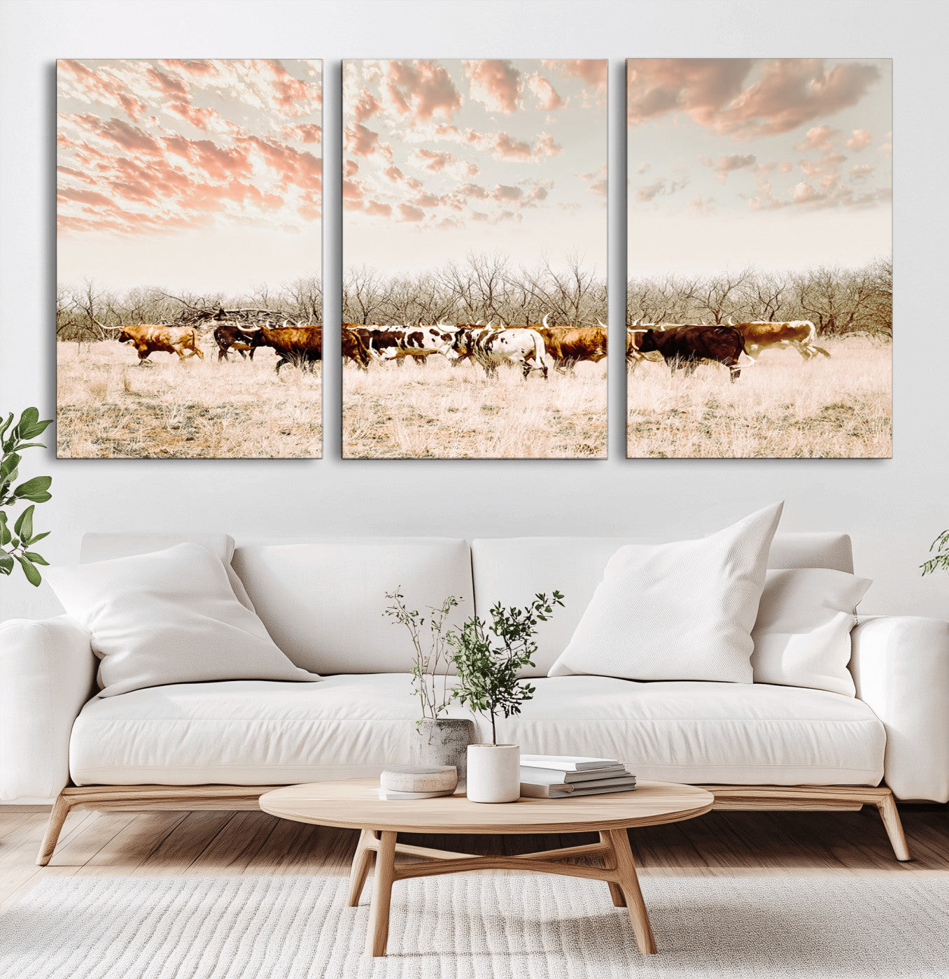 Cattle herd in a soft-toned field under a pastel pink sky, creating a peaceful rustic feel, perfect for farmhouse or western-themed spaces.