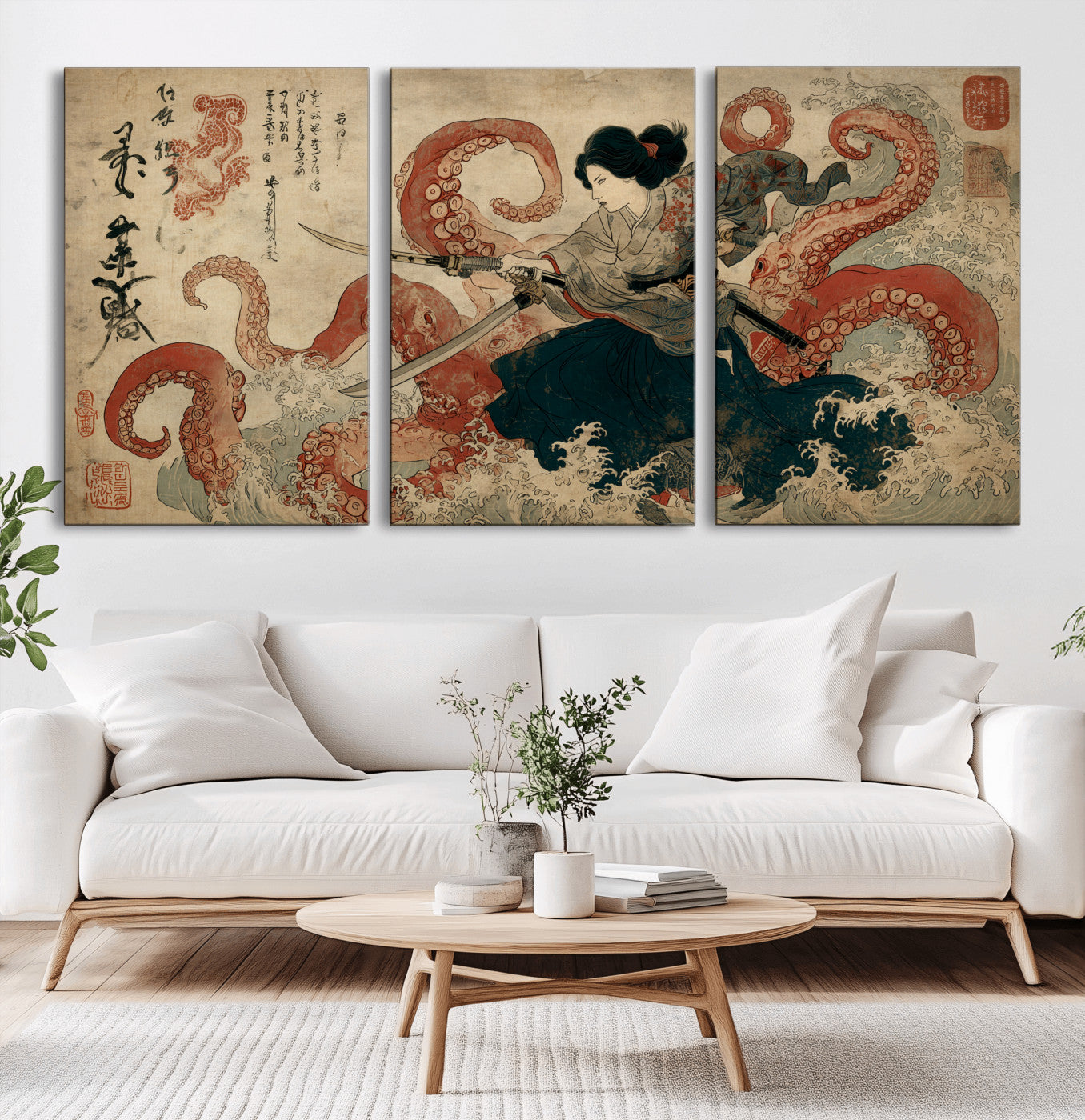 Tsukioka Yoshitoshi Samurai Wall Art Print, Japanese Katana Warrior Canvas Wall Art, Octopus Sea Monster Canvas Print,