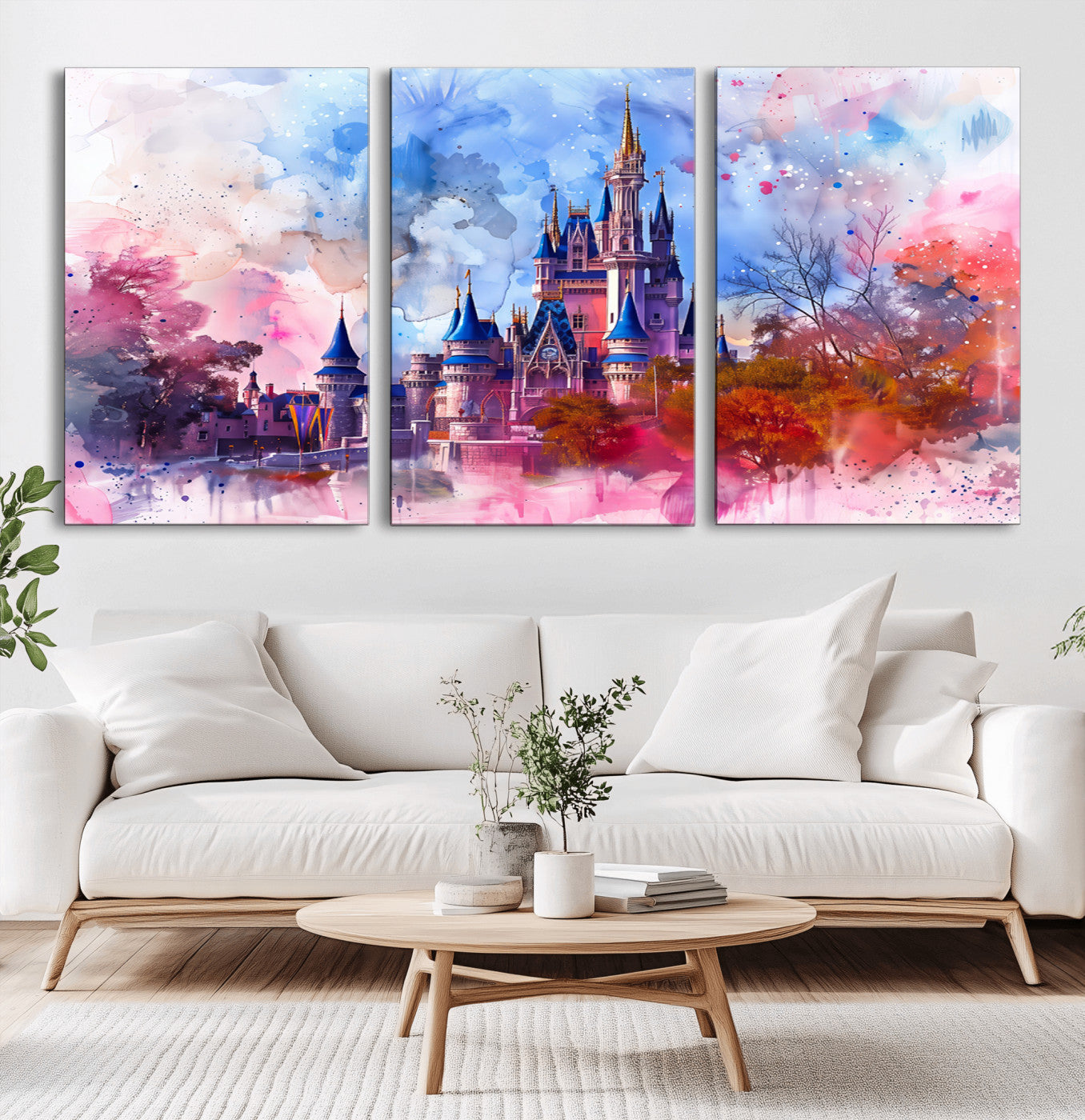 Watercolor canvas of a dreamy Disney-style castle in pastel pink and blue tones, perfect for fairytale or whimsical home decor.