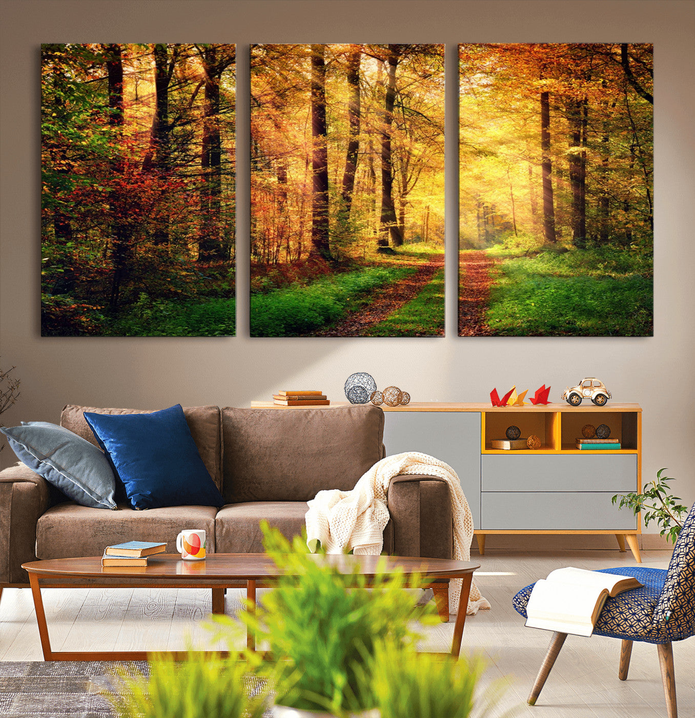 73494-MGV-CV-36X24-Golden Autumn Forest Path Wall Art – Sunlit Woodland Canvas Print, Fall Nature Landscape Home Decor