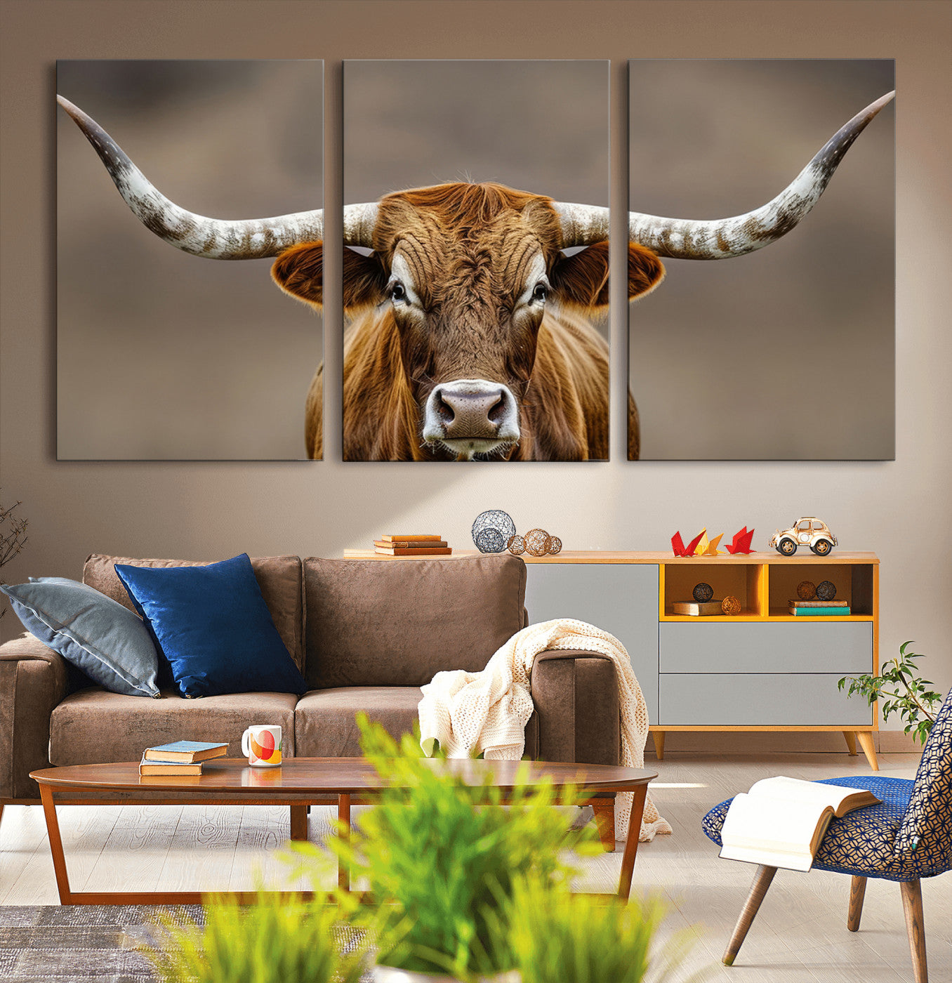 Close-up of a Texas Longhorn with strong curved horns and warm brown tones, perfect for rustic or western-style wall decor.
