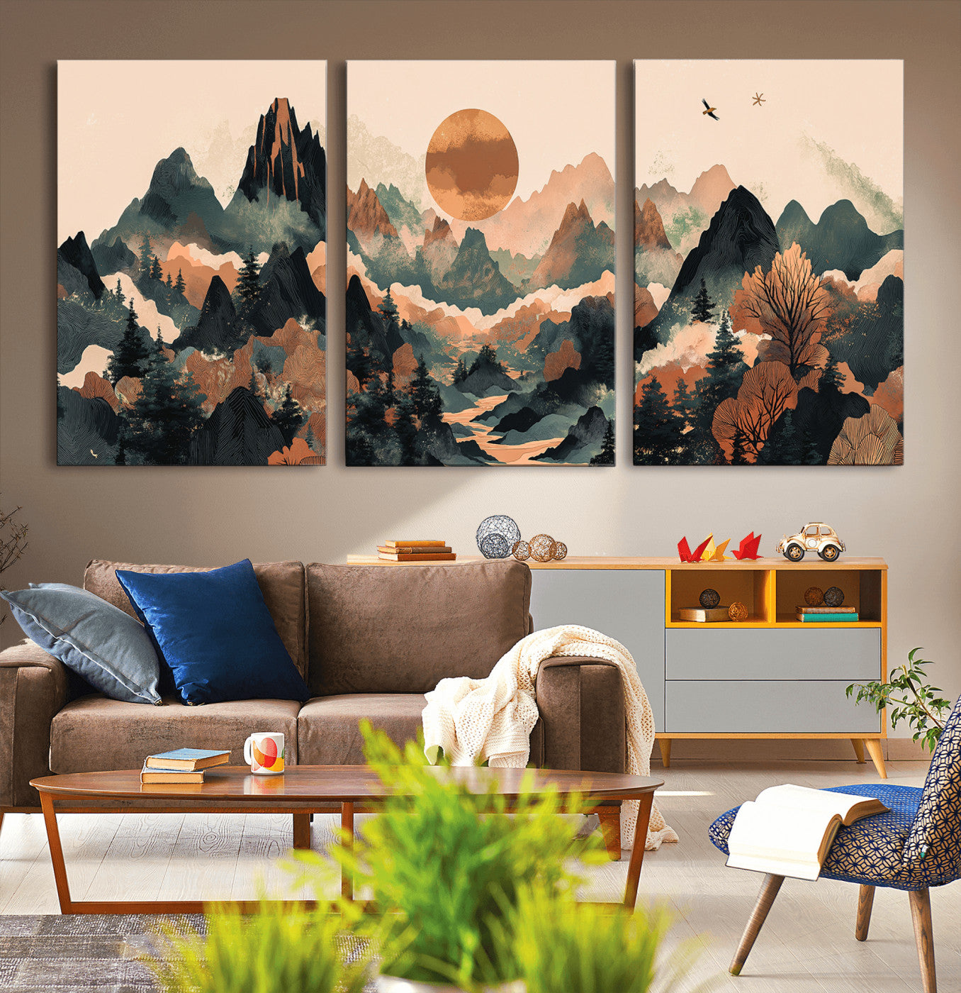 Mountain Landscape Wall Art Print - Sunset Hills Canvas Print, featuring an abstract nature scene with earthy tones and misty peaks, perfect for boho and modern decor.