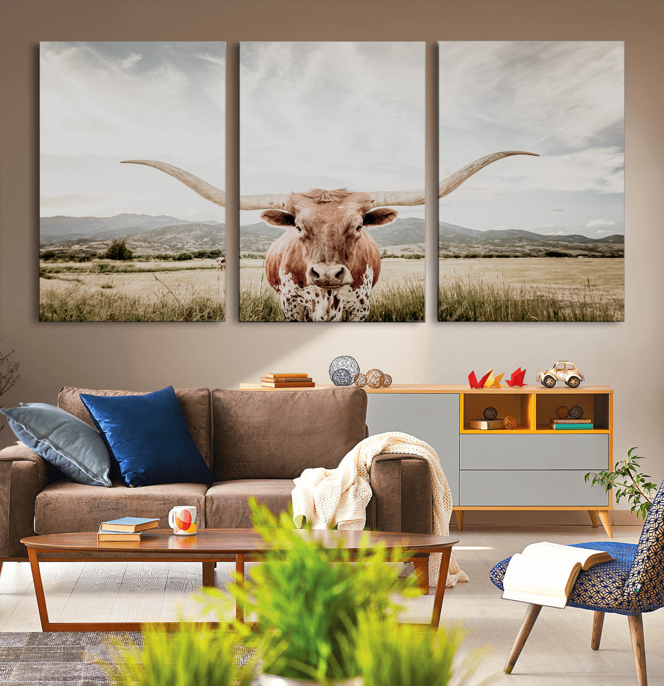 Longhorn Wall Art Print - Western Cow Canvas Print, featuring a majestic Texas longhorn in a rustic prairie setting, perfect for farmhouse and western decor.