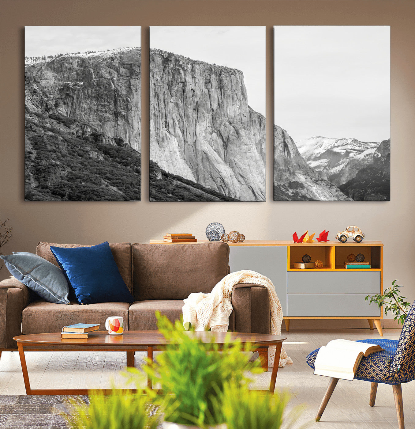 Monochrome canvas of El Capitan’s granite wall in Yosemite with snowy peaks, ideal for dramatic mountain or black-and-white nature decor.