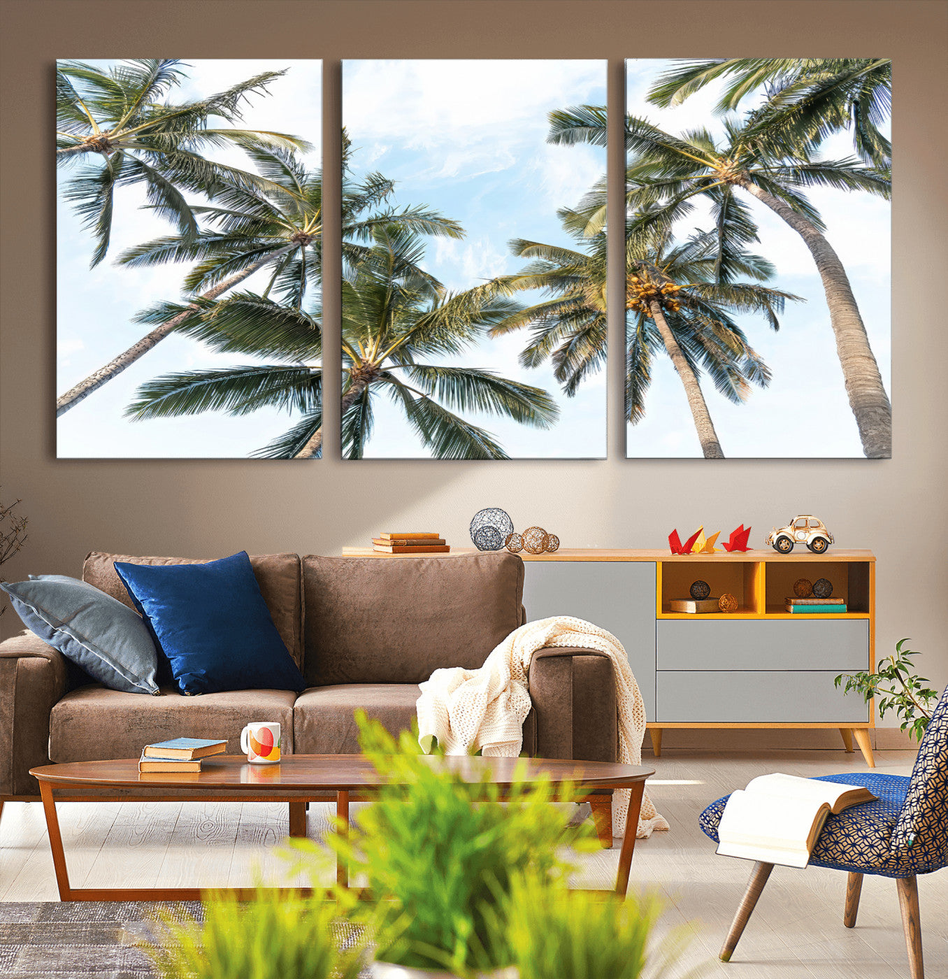 Framed canvas of tall palm trees reaching into a tropical sky, ideal for beach home or relaxed island-inspired wall decor.