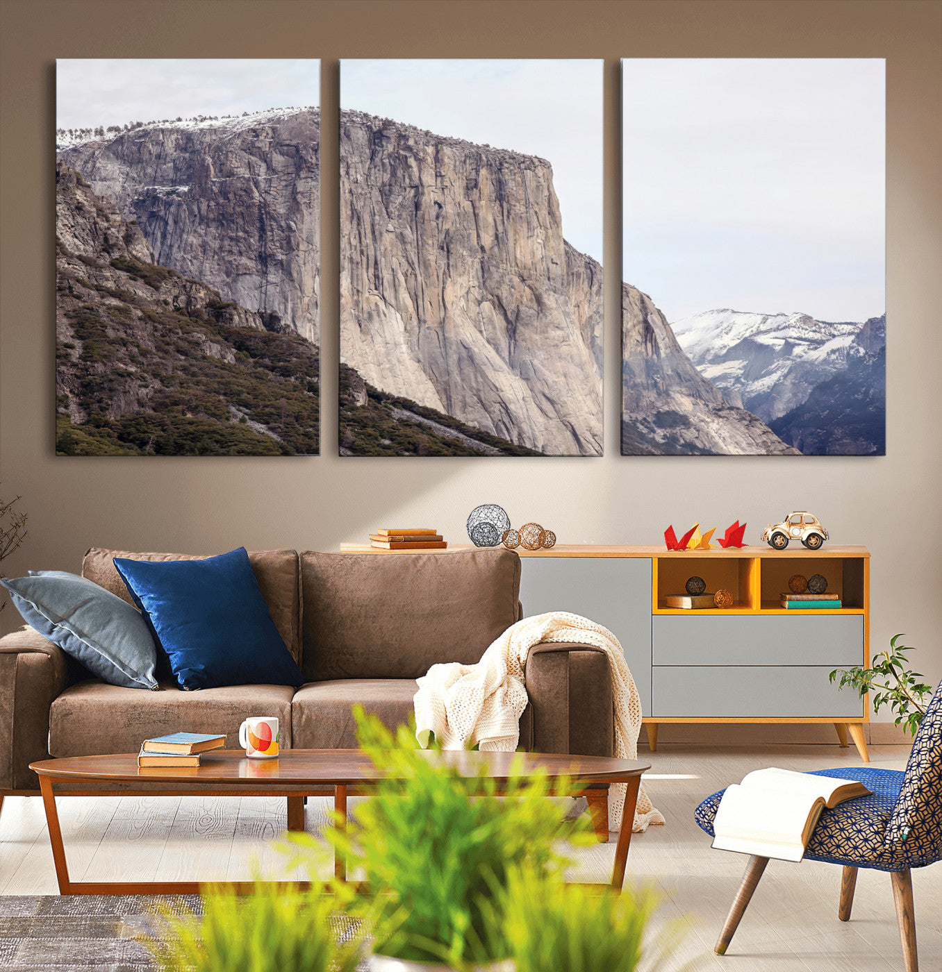 Framed canvas of El Capitan’s vertical granite face in Yosemite with snowy peaks, ideal for Sierra minimalism or mountain-inspired decor.