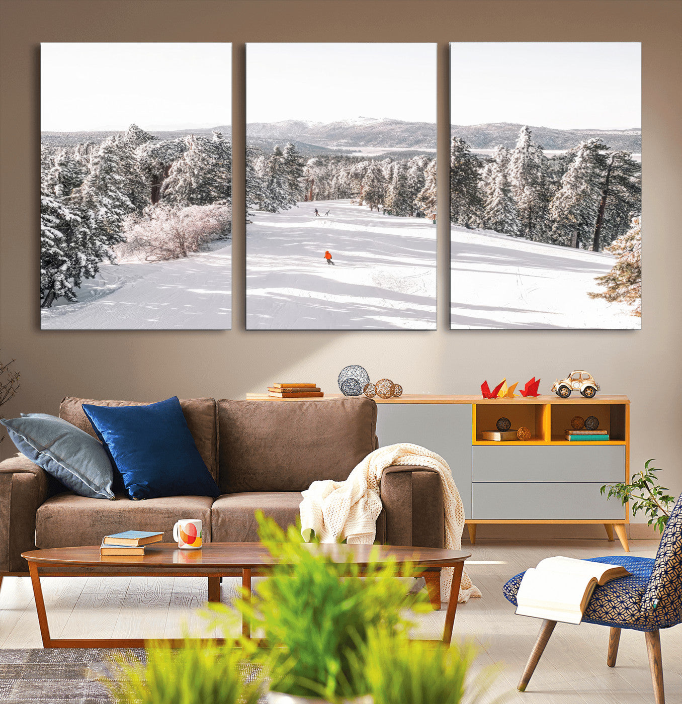 Bright ski trail lined with snow-covered pines and a skier in orange, perfect for alpine adventure or winter sports-inspired decor.