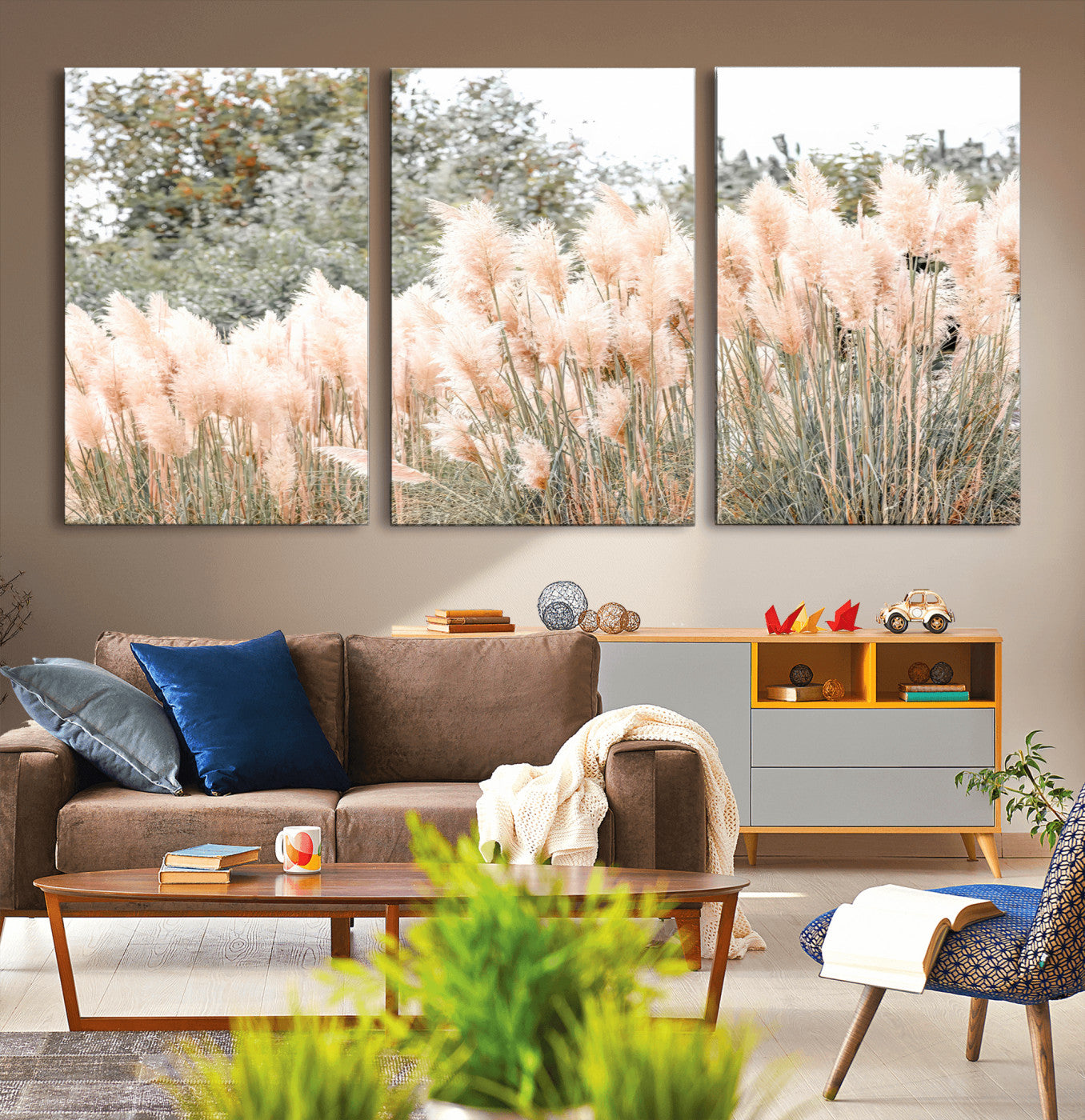 Soft pastel pampas grasses in a natural setting, ideal for neutral boho or rustic botanical-style interior wall decoration.