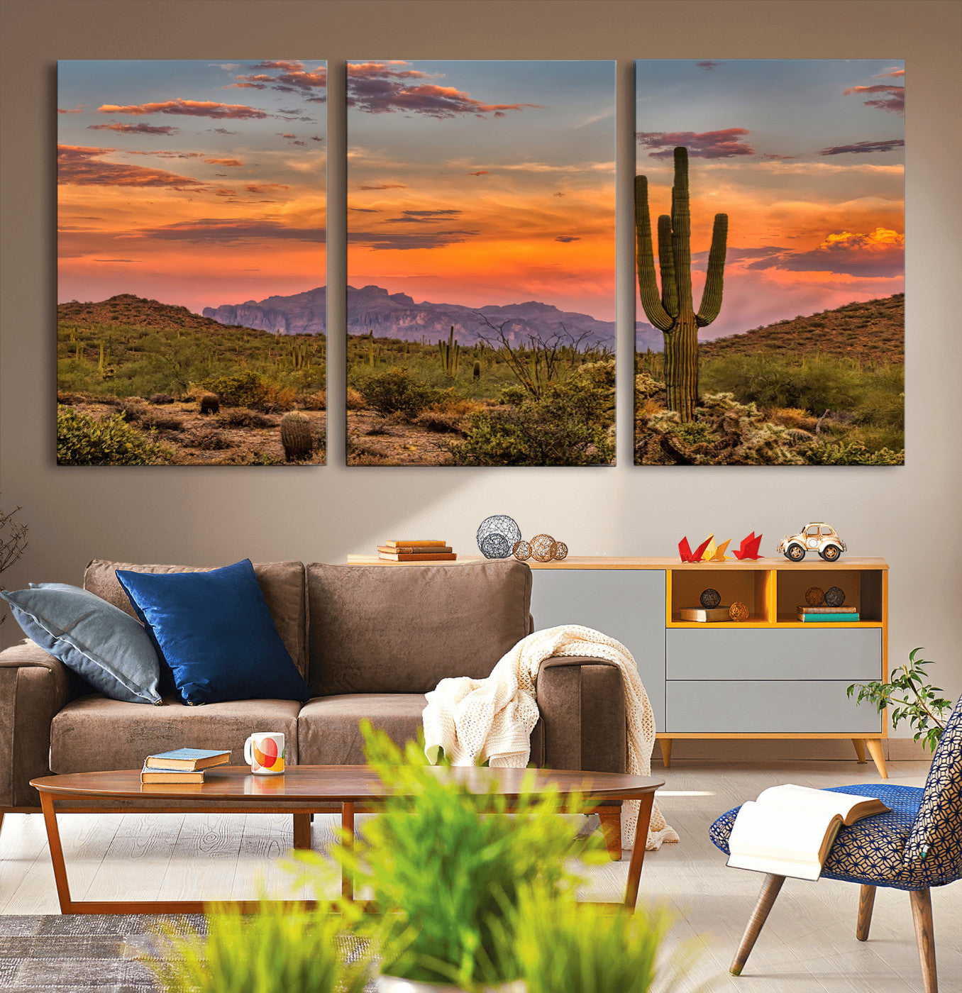 Vibrant desert sunset with saguaro cacti and distant mountains, perfect for Southwestern or warm-toned home decor.