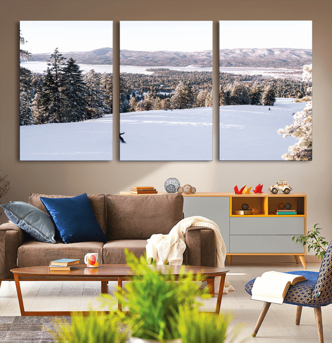 Canvas of a snowy mountain ski slope with pine trees and bright winter light, ideal for modern rustic or alpine-inspired home decor.