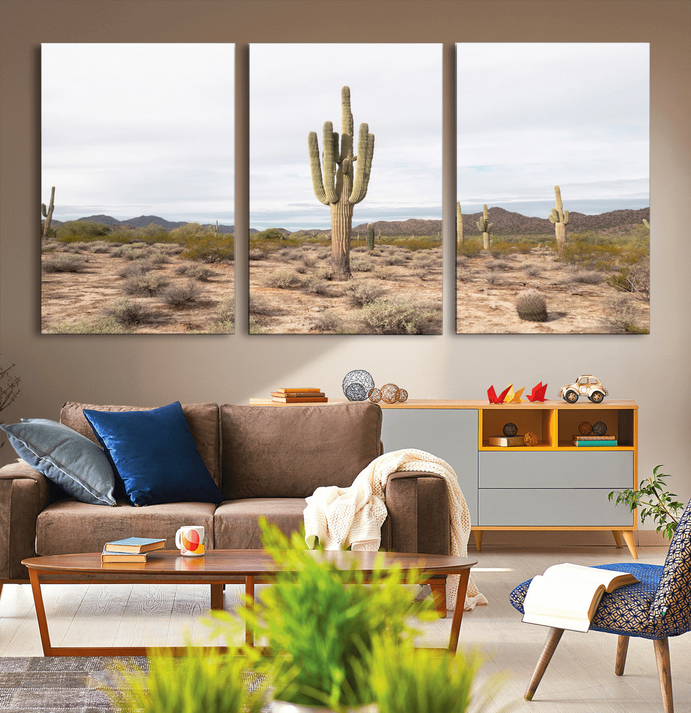 Canvas of a saguaro cactus in an earthy Sonoran desert landscape, ideal for Southwestern Boho or desert minimalism inspired home decor. 2/2
