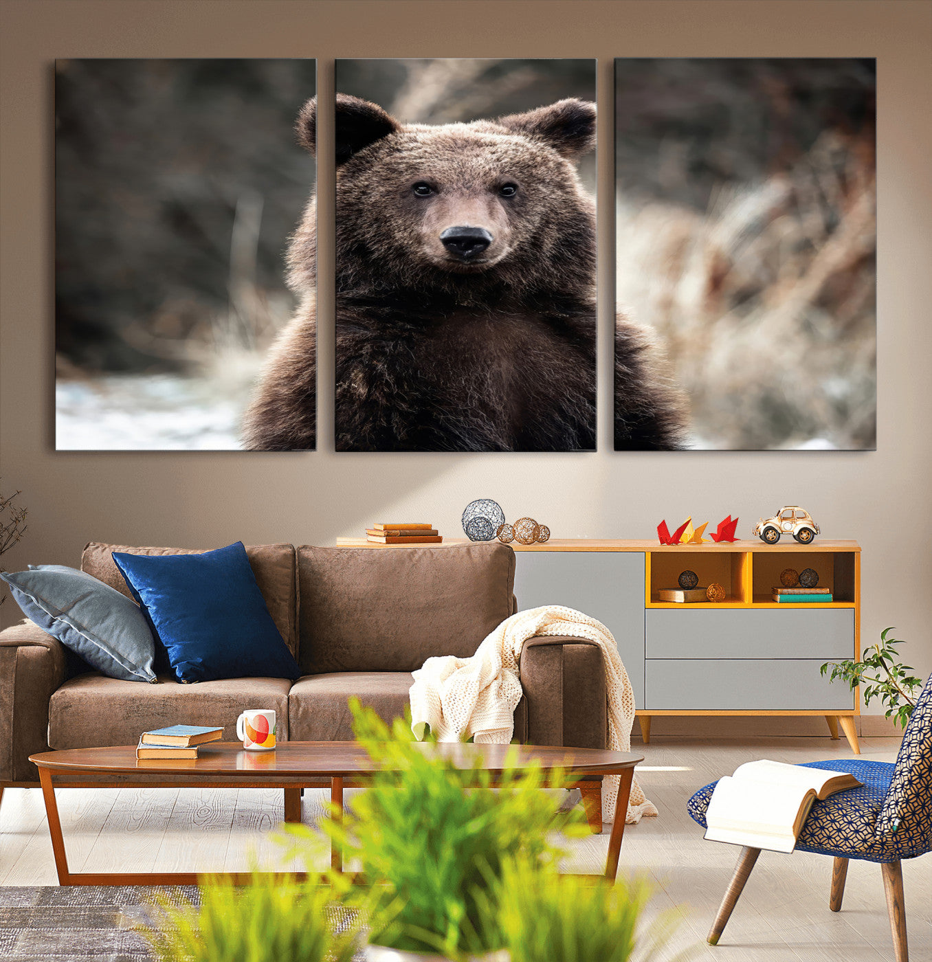 Canvas of a brown bear in soft earthy tones and moody forest light, ideal for rustic cabin or woodland nature-themed home decor.