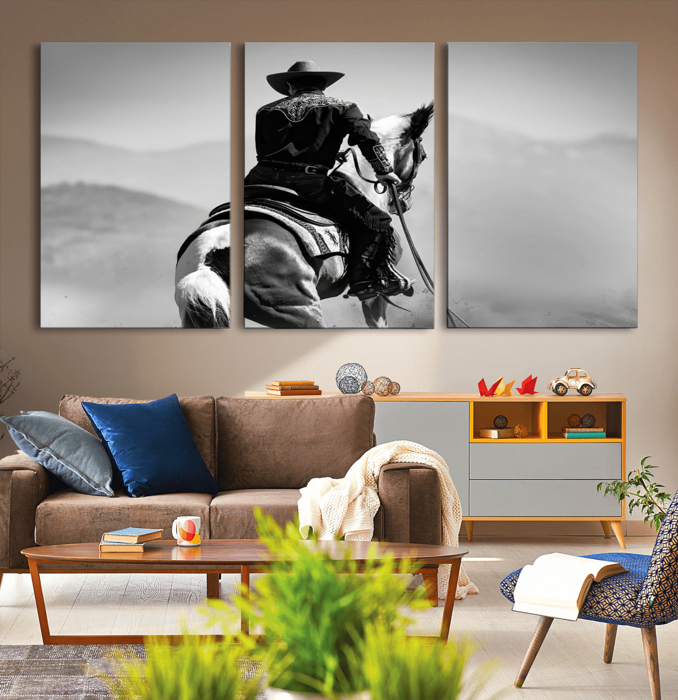 Black and white canvas of a cowboy on horseback with moody tones, perfect for rustic western or country-inspired home decor.