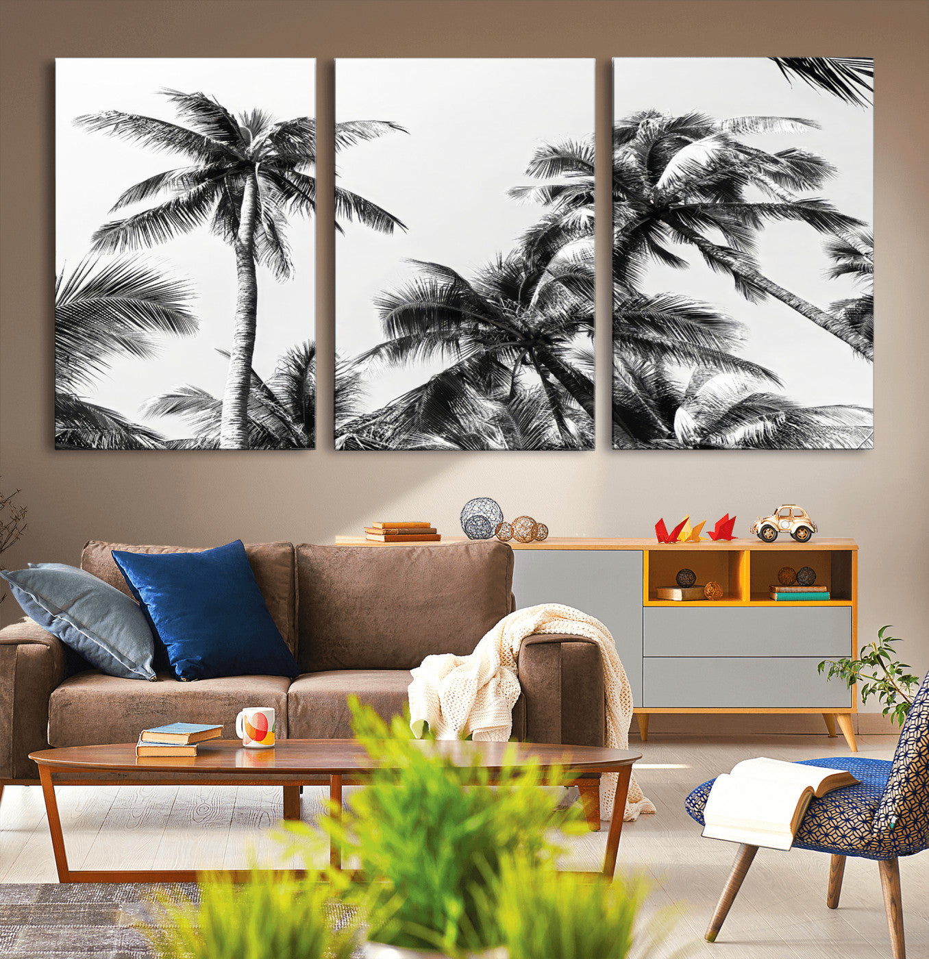 Black and white canvas of tall palm trees in moody tones, perfect for modern tropical minimalist or coastal-style home decor.