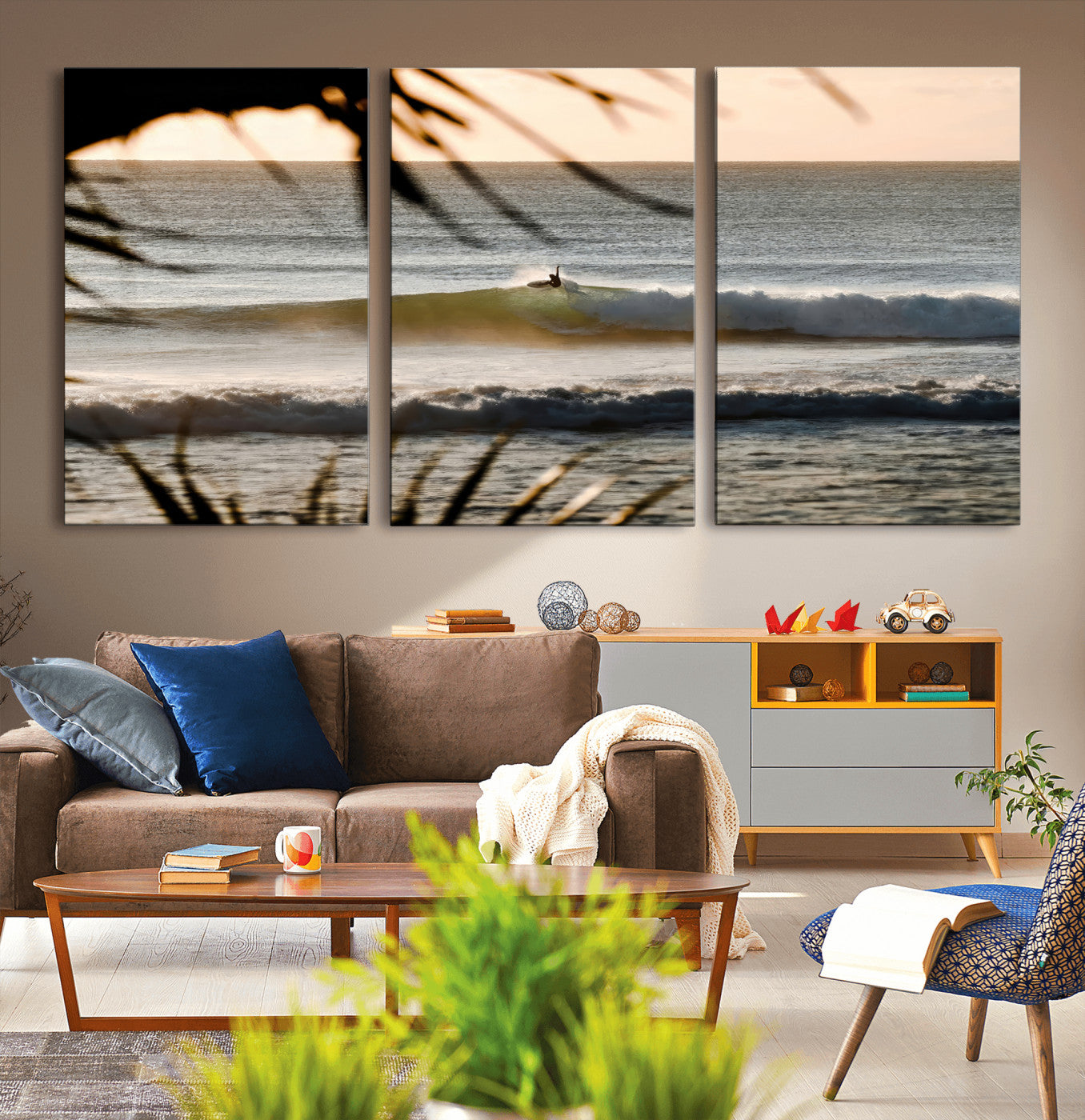 Photo of a surfer riding a golden hour wave at sunset, with tropical tones and dreamy light, perfect for tropical boho or coastal home decor.