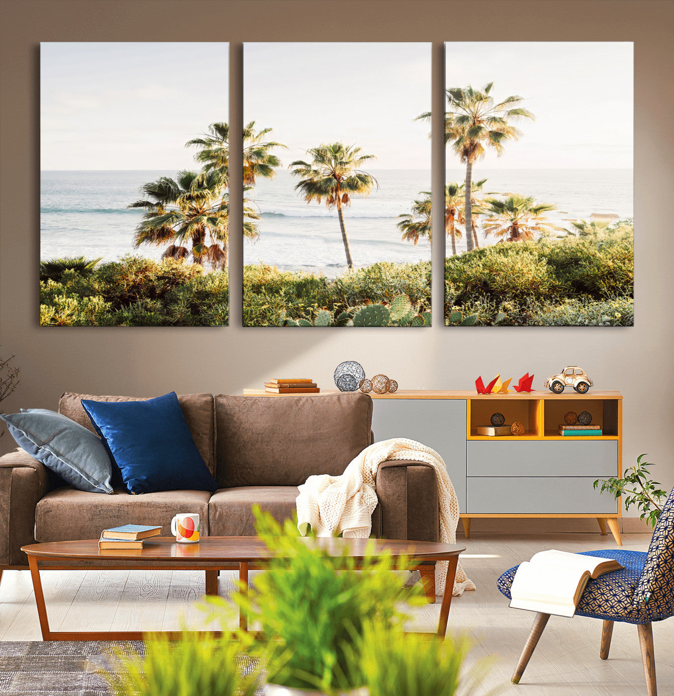 Framed print of sunlit palm trees on the California coast with warm tones, perfect for coastal minimalist or beach-style home decor.