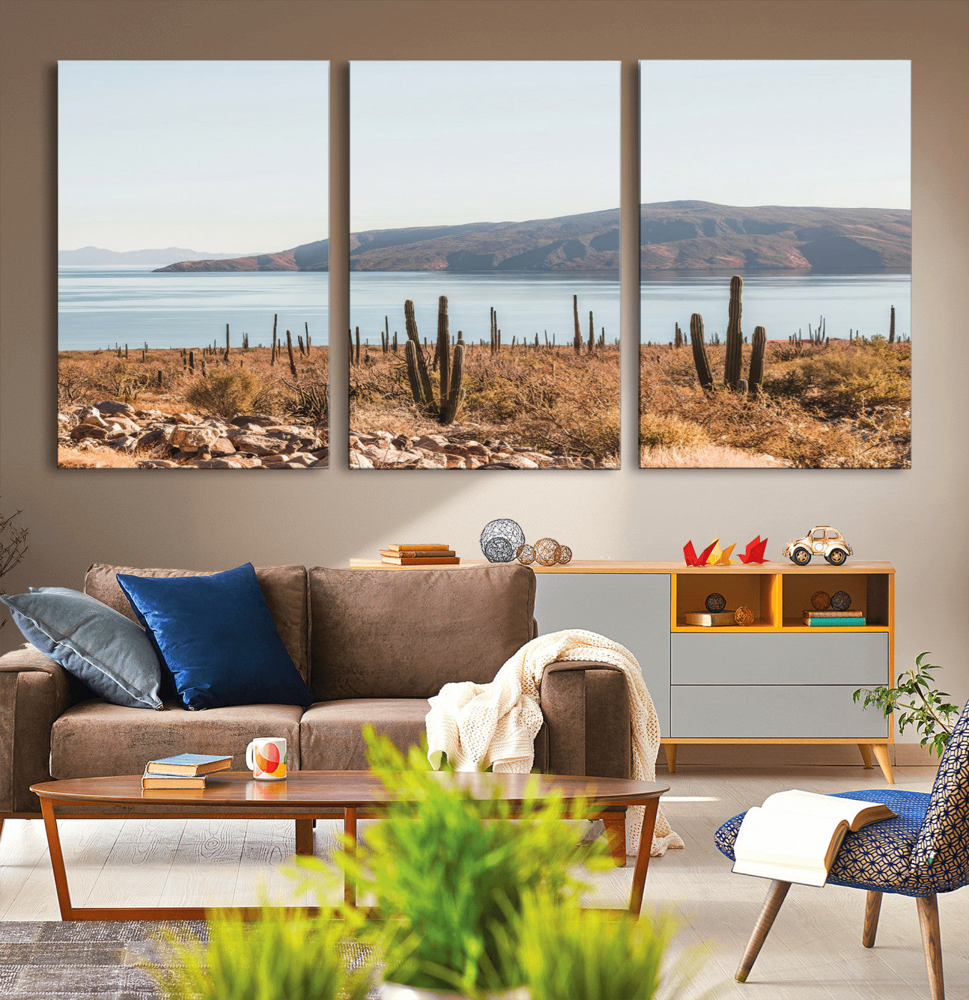 Warm desert landscape with cacti and coastal mountains, perfect for southwestern or earthy calm-themed home wall decor.