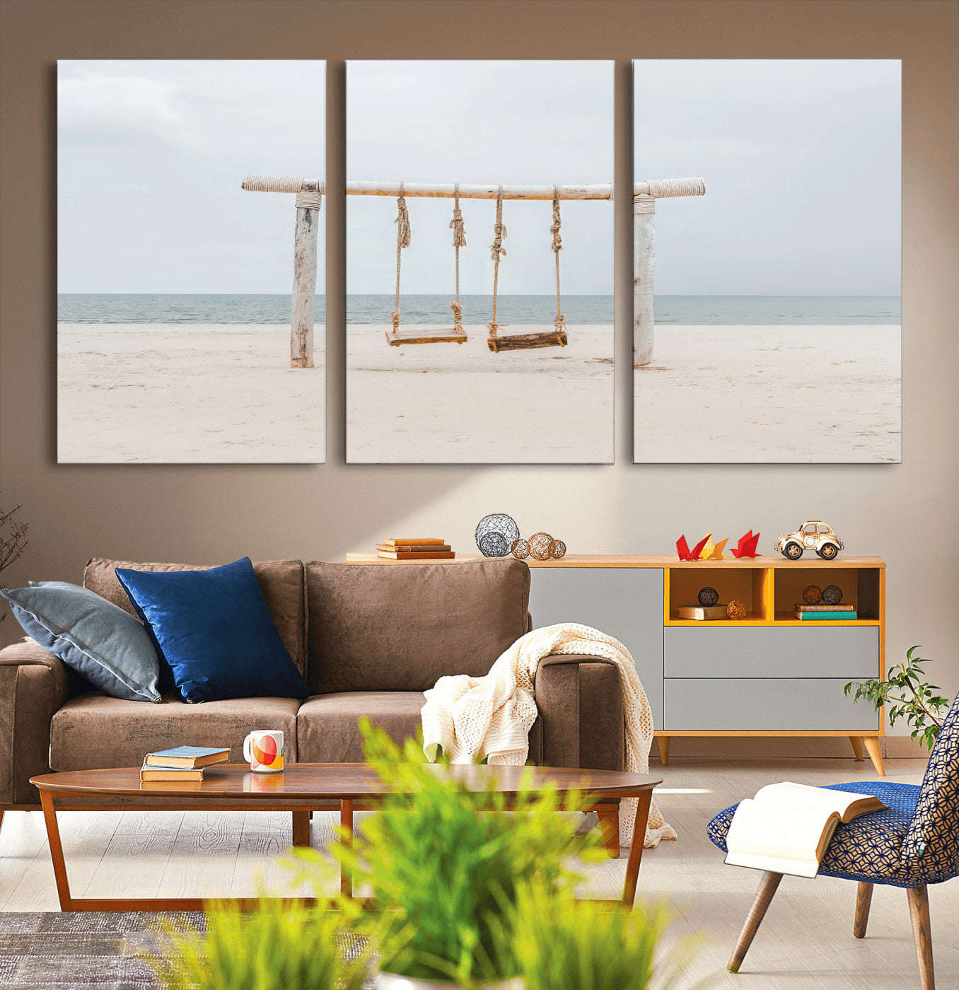 A rustic wooden beach swing stands on a serene sandy shore with an ocean horizon in the background, creating a tranquil and dreamy coastal escape.