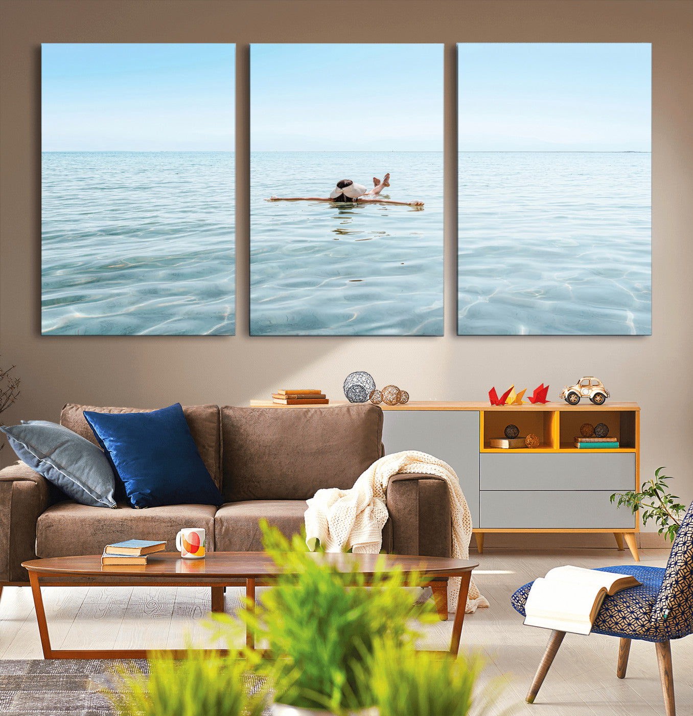 A peaceful minimalist scene of a person floating on crystal-clear water, surrounded by a vast open horizon, capturing relaxation and serenity in a tranquil aquatic setting.