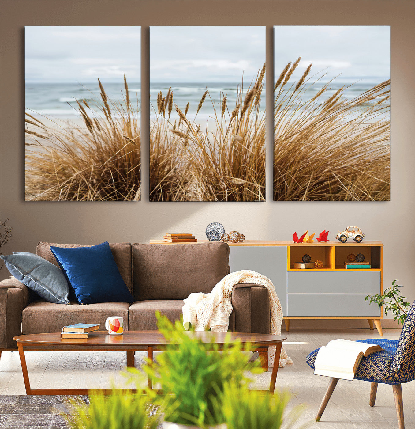 Canvas of golden beach grass swaying by the ocean under a soft cloudy sky, perfect for neutral-toned or coastal minimalist decor.