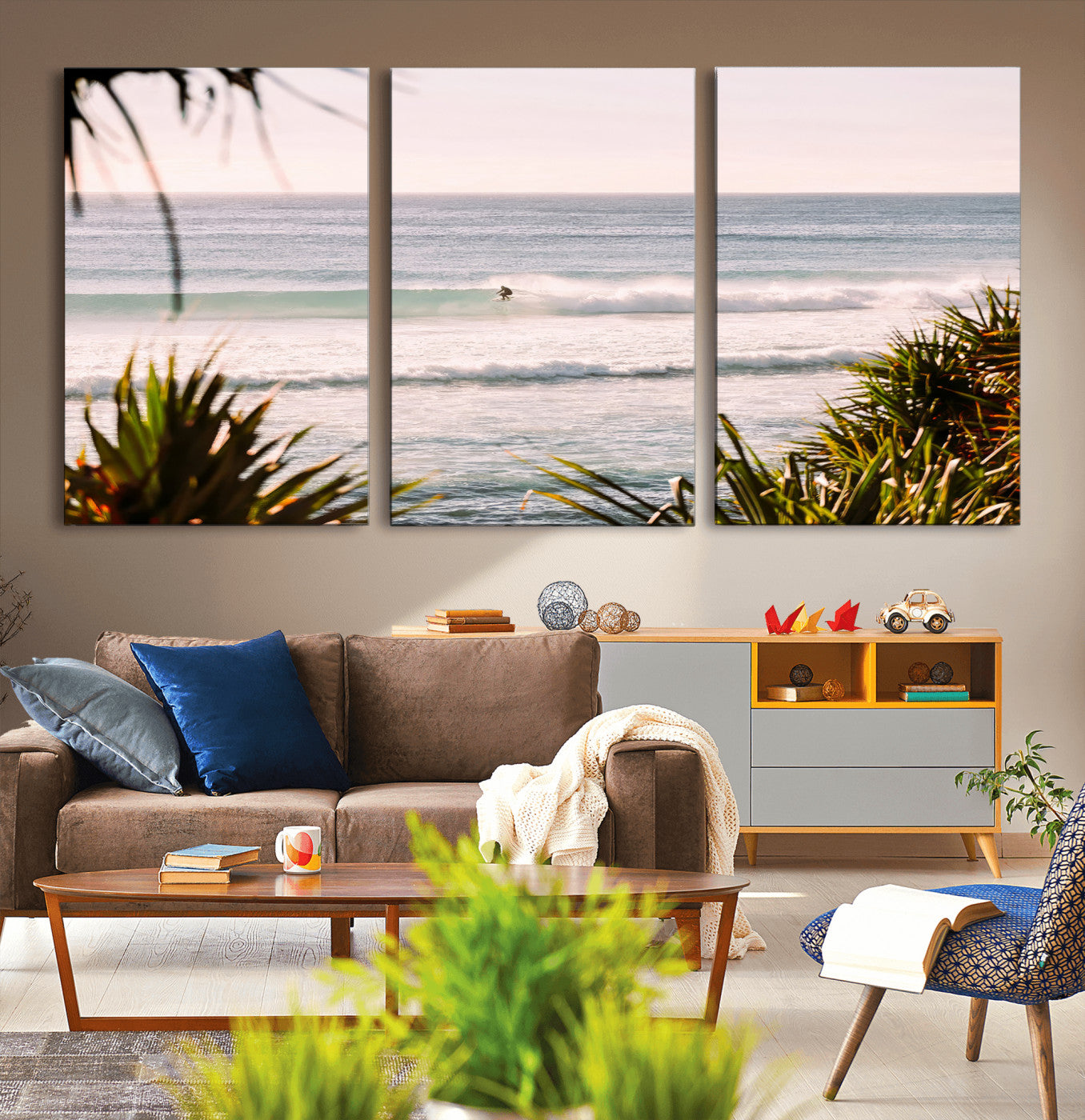 Canvas of a lone surfer riding a pastel wave at sunrise, perfect for tropical or coastal-themed spaces with a relaxed, airy vibe.