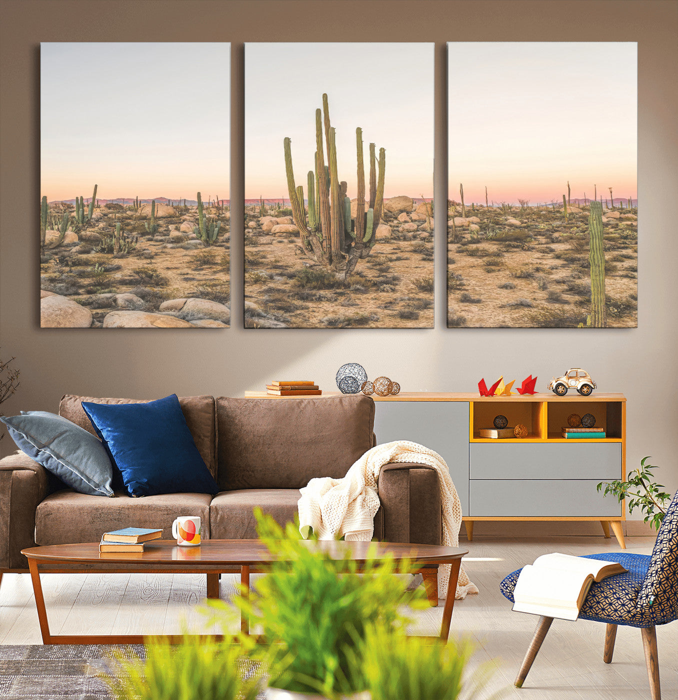 Canvas of tall desert cacti in warm sunset tones over a rocky Baja landscape, ideal for earthy or Southwestern-style home decor.